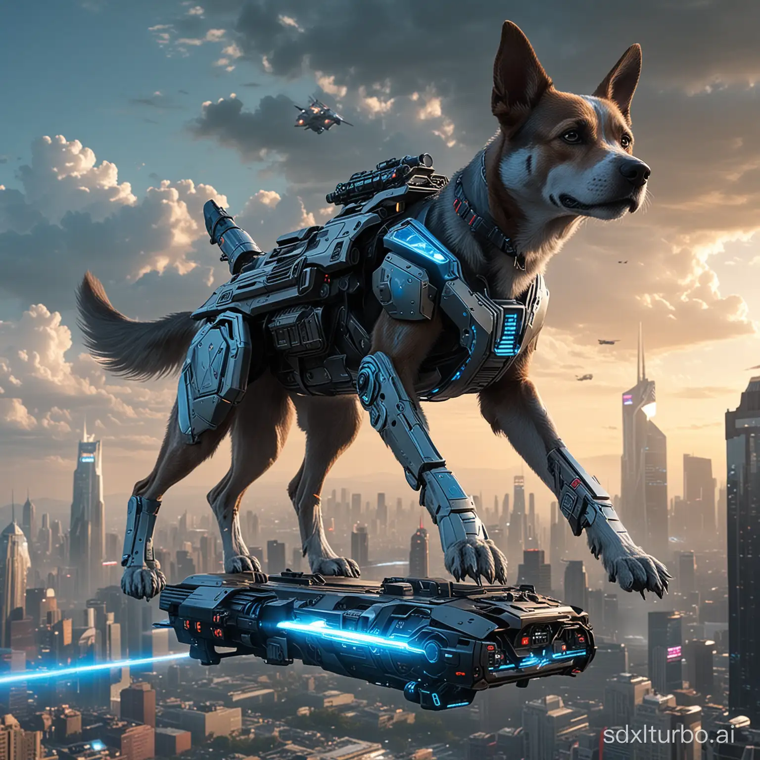 "Create a detailed futuristic sci-fi scene featuring a dog in high-tech armor flying above a city skyline. The dog is mounted on a uniquely designed high-speed vehicle, decorated with LED strips and dynamic energy patterns, with a plasma thruster at the rear emitting a dazzling blue flame. The armor is equipped with a mini-reactor and advanced defense systems, and the helmet's HUD displays real-time flight data and environmental scans. The dog holds a futuristic laser rifle, ready for any potential threats. The background showcases a city skyline filled with futuristic technology, where skyscrapers with glass facades reflect the light from the sky, and air traffic is bustling with various vehicles zipping through the clouds, some adorned with ad projections and holographic signage. The overall color scheme is dominated by cool tones, with vibrant colors used in certain details to highlight tech elements and dynamic effects."