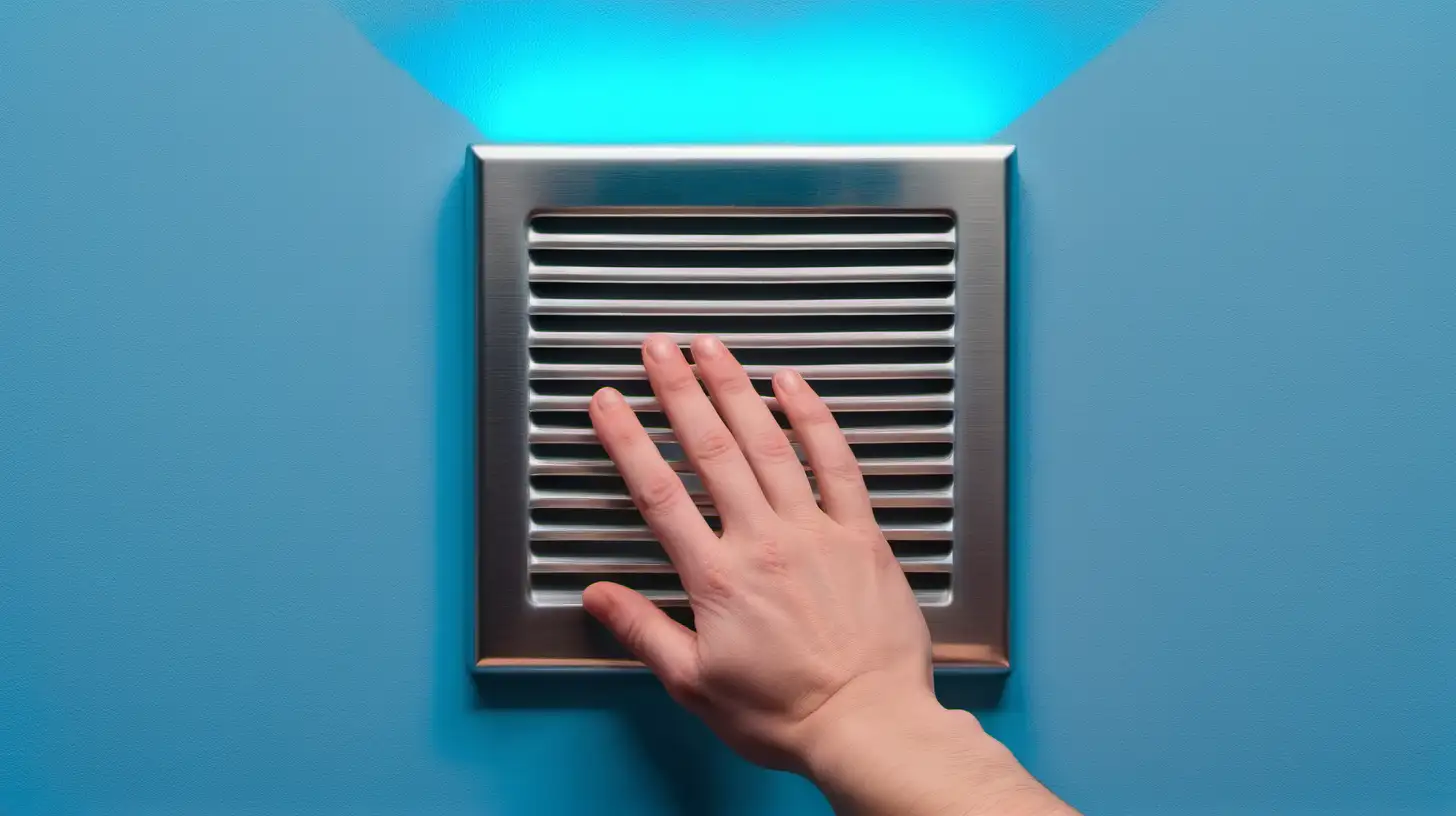 hand on silver vent on neon blue wall shows light wood floor. make the image lighter and close up