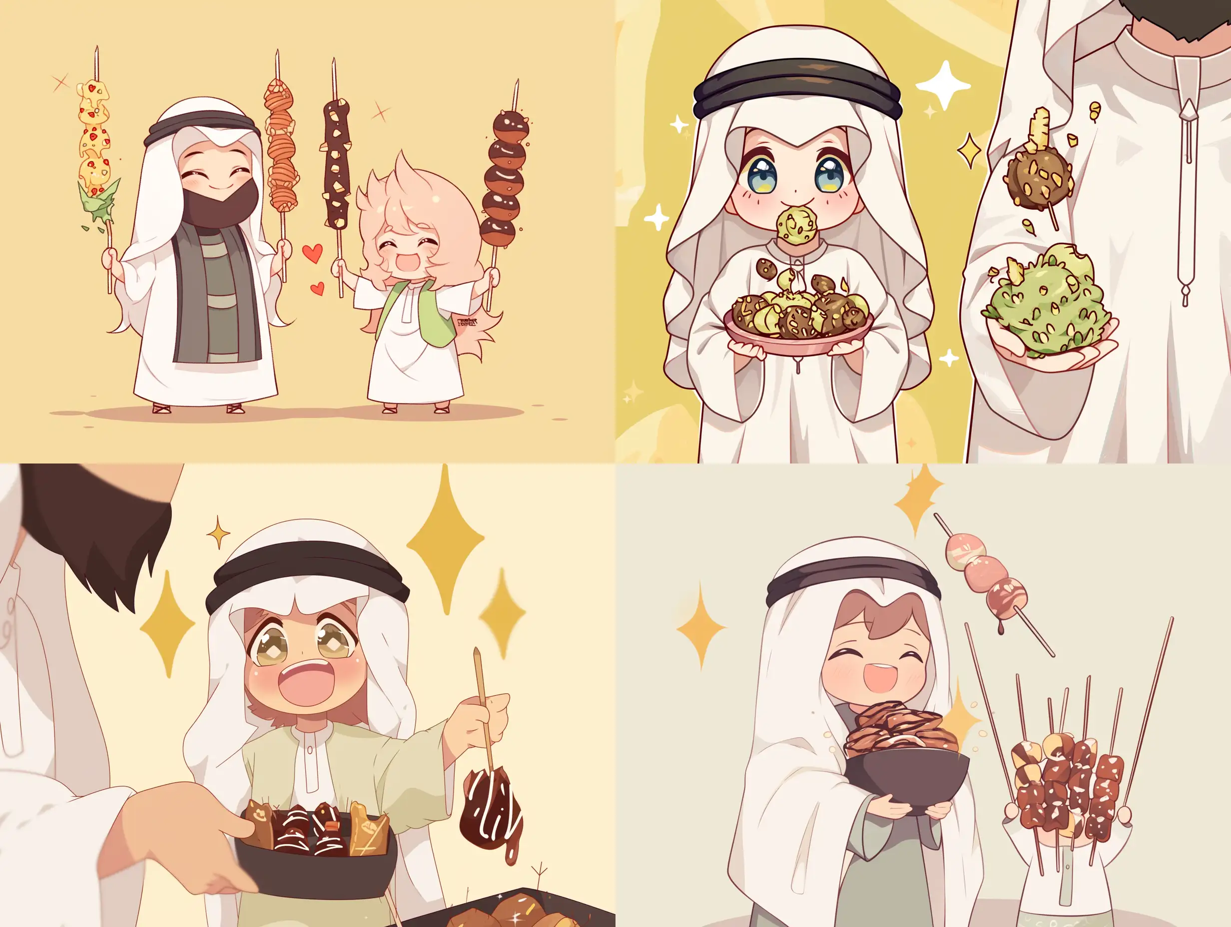 a kid wearing Saudi white thobe and shemagh and little girl wearing bucknuq Holding Arabian sweets dish’s for guests. Anime. Flat2d. Pokémon aesthetics. Centric. Illustration. Kawaii art --ar 4:3 --niji 6 --style raw