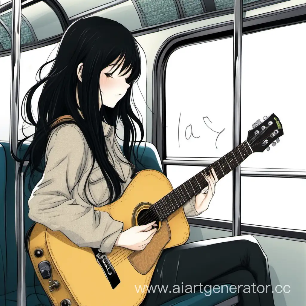 A cute shy girl with a guitar is on a bus. she has really beautiful dark black hair. she's not tall and her guitar is in a guitar case, not in her hands. she is really good-looking, but still shy. 