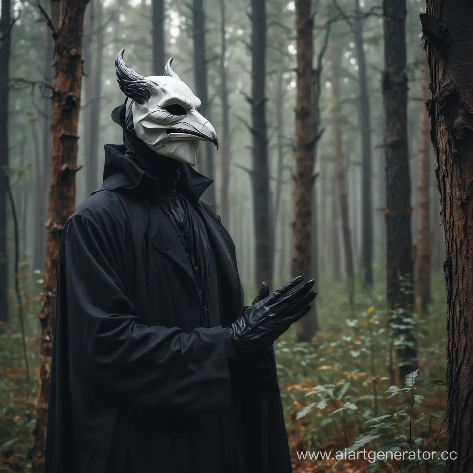 Majestic-Omnipotent-Figure-in-Dark-Coat-and-Raven-Mask-Amidst-Enchanting-Forest