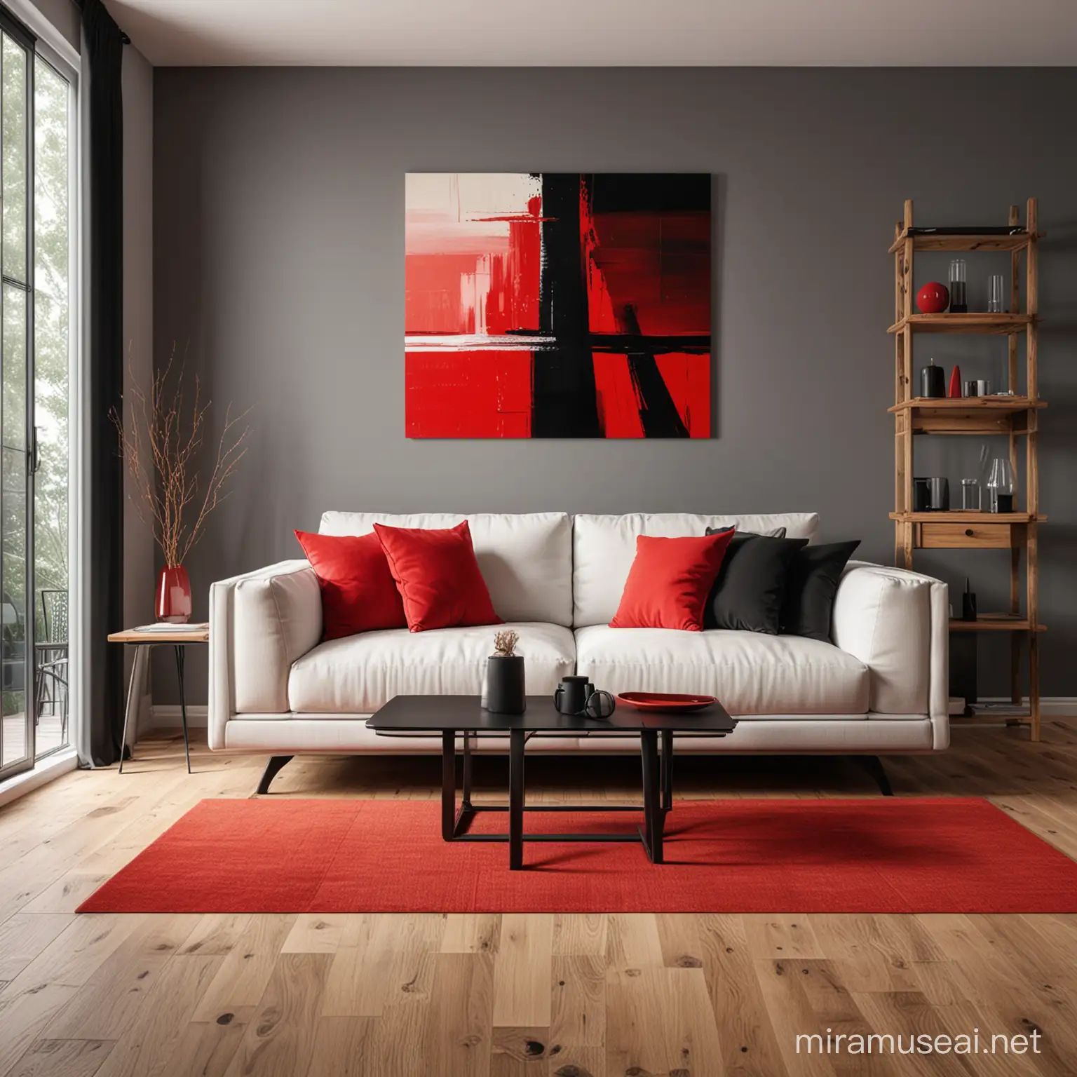 A modern living room with wooden floor and wooden posts in black and red, behind the sofa hangs a rectangular work, vivid, detailed, light and shadow