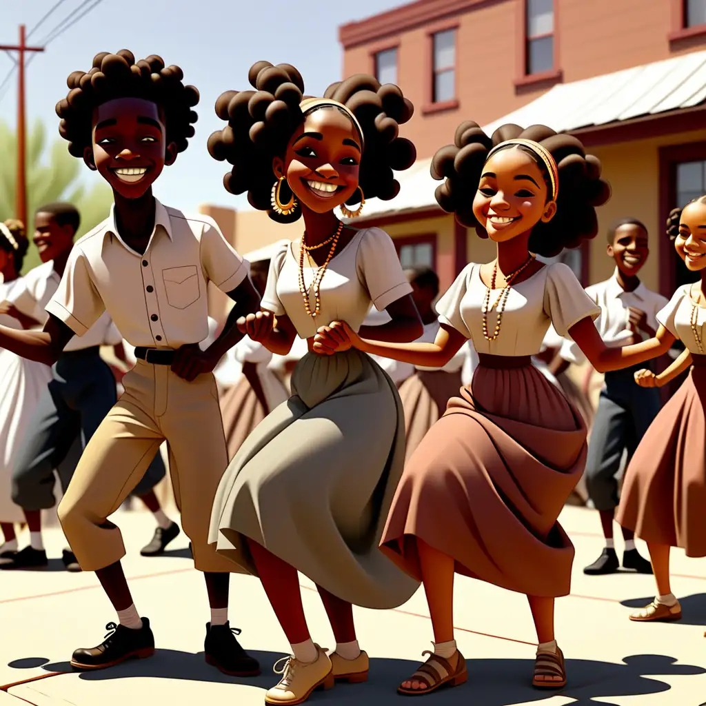 1900s cartoon style african american teens doing a cultural dance and smiling at juneteenth in new mexico