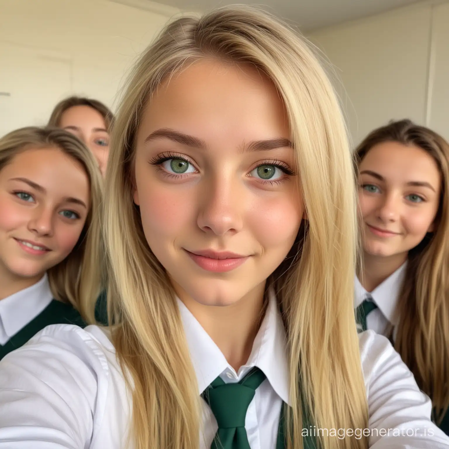 female, 14 years old, blonde hair, green eyes, taking selfie, full body, in class with other people, wearing school uniform