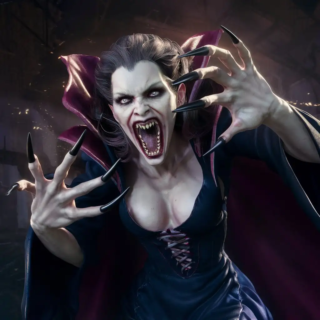 Photorealism of a monstruos female mistress vampire with long pointed black nails, she aggressive attack, pointed crocked teeth scary expression, dark atmosphere, high quality, photorealistic, terrifying, aggressive,scary predator fangs, detailed nails, horror, atmospheric lighting, full body, realistic hyper - detail, playful character designs, full anatomical. human hands, very clear without flaws with five fingers