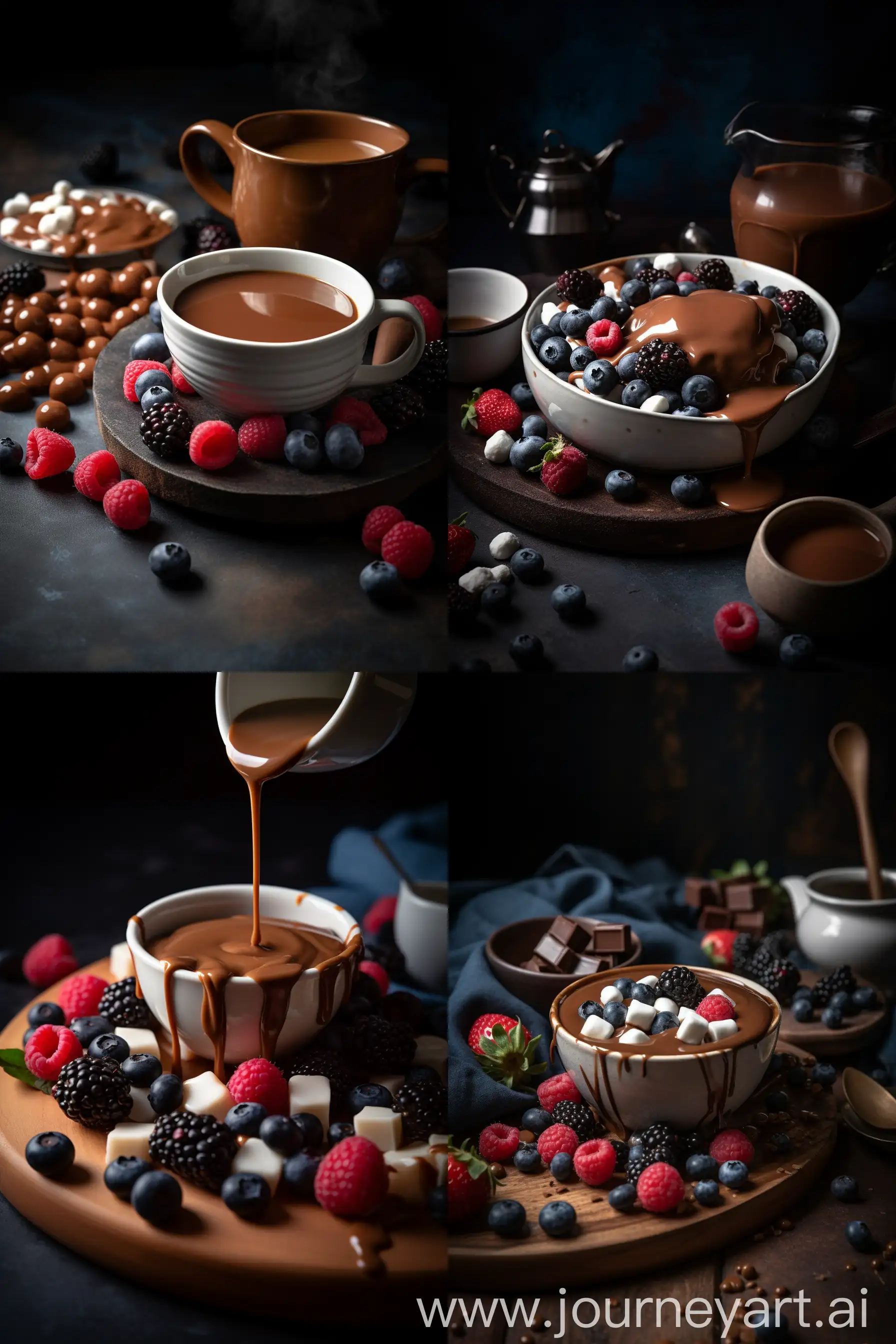 Chocolate salad, marshmallows, berries, Creamer, Caramel, close up, professional photography --s 300 --ar 2:3 --v 5 --q 2