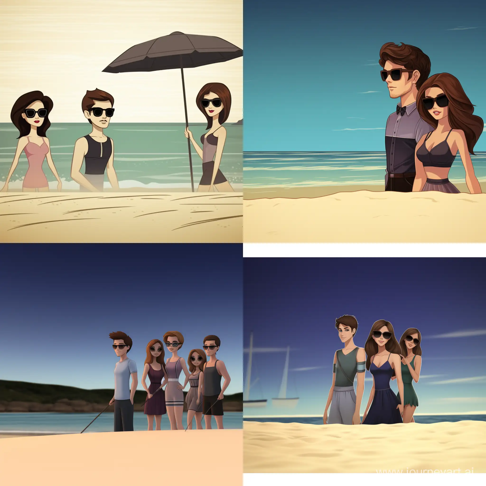 На фотографии 5 красивых женщин, они стоят в купальниках на пляже, все они смотрят на одного красивого мальчика лет 8 который стоит рядом с ними, этот мальчик сын одной из женщин, он стоит в плавках фотография в стиле мультфильма