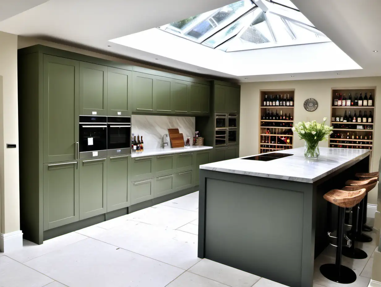 narrow extension with bifold leading to garden
skylight
olive green island complete with wine cooler, sink and bar stools
separate pantry on one side wall
