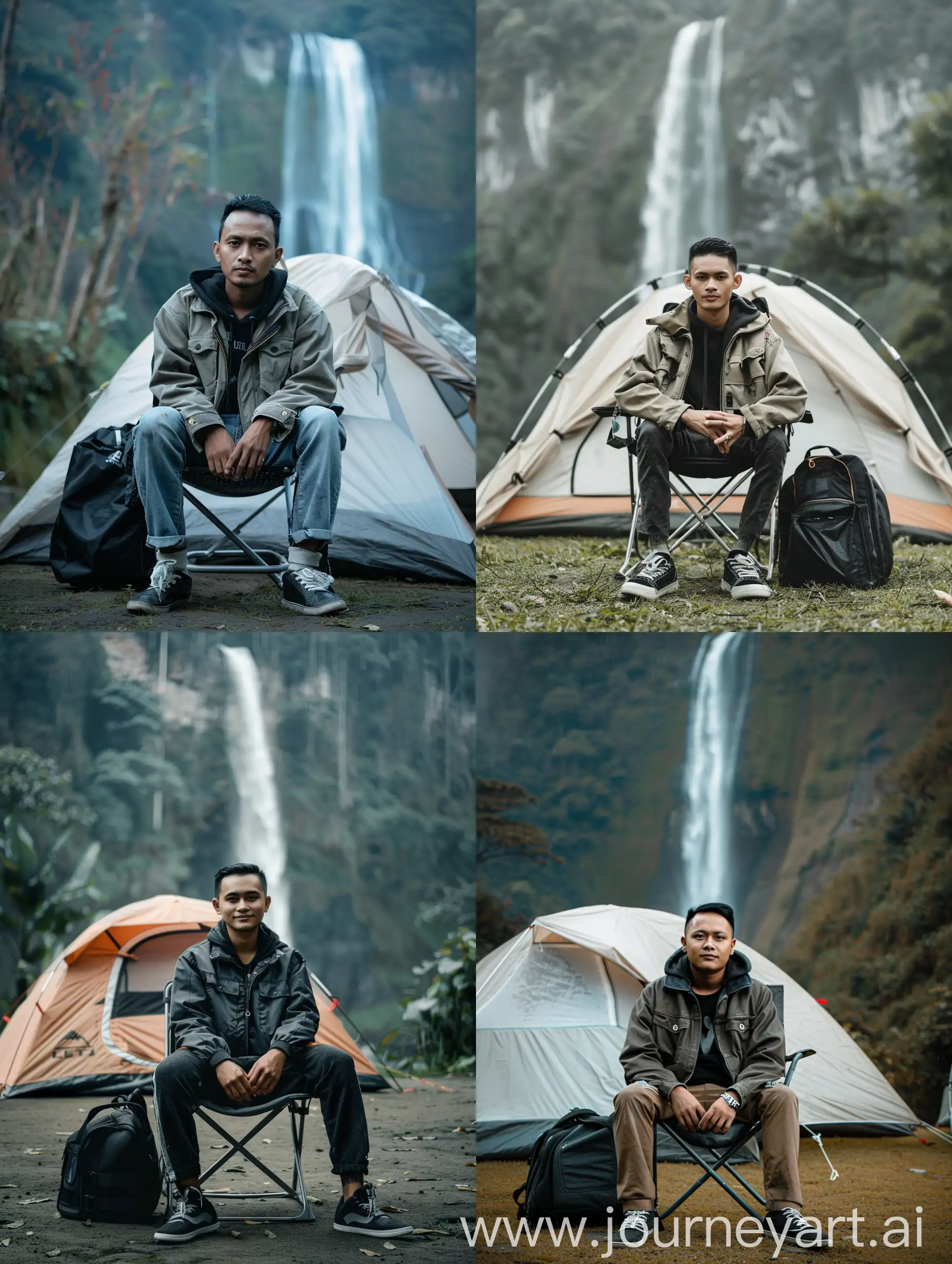 Stylish-Javanese-Man-Relaxing-by-a-Waterfall-in-Trucker-Jacket-and-Sneakers