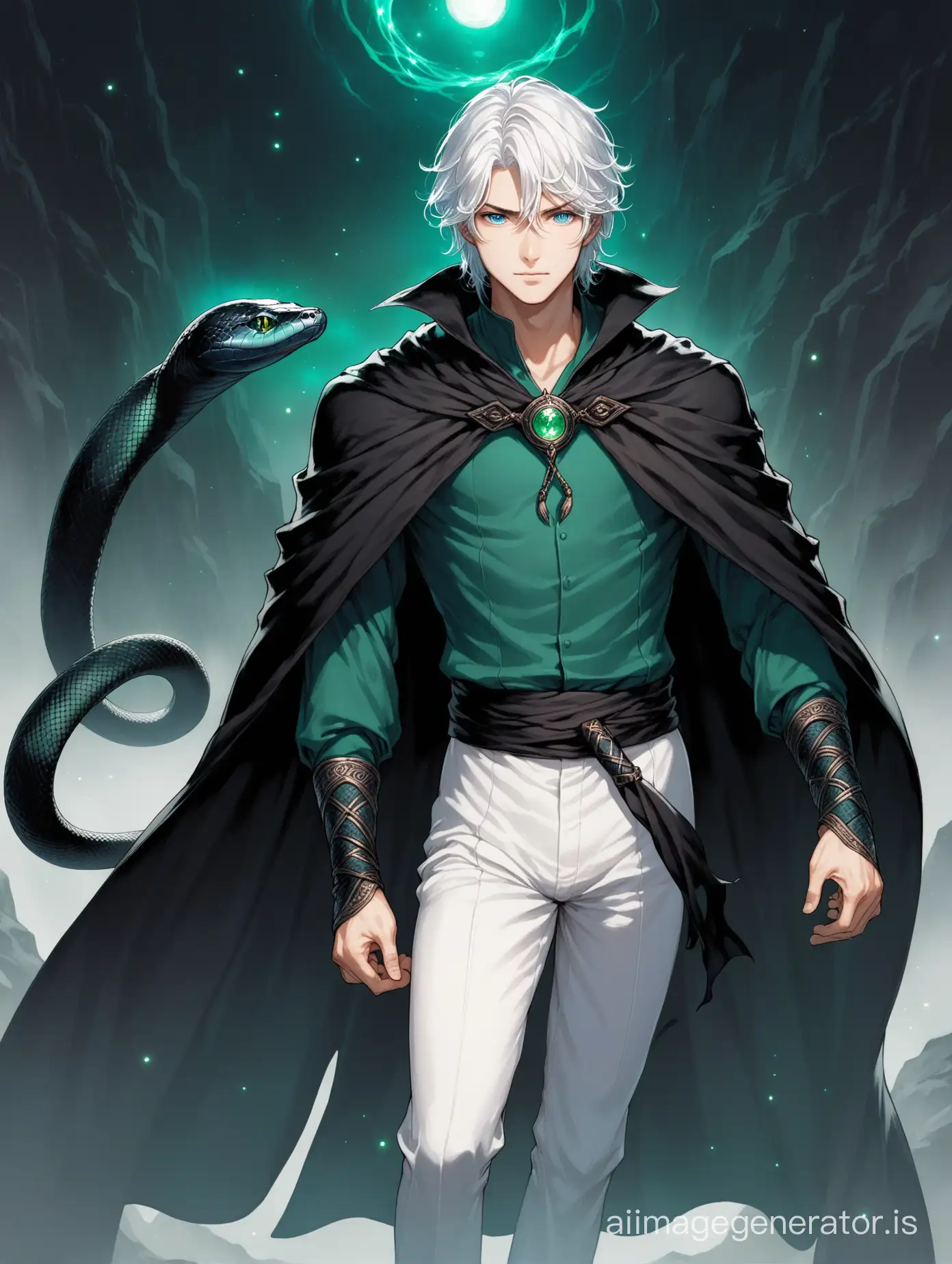 Boy, sorcerer, (blue eyes), cloak, hair between eyes, long sleeves, looking at the audience, male focus, pants, shirt, white hair, white pants. Background: mine. Attention to details, attention to small details. His neck is wrapped by a black coal snake with green eyes.
