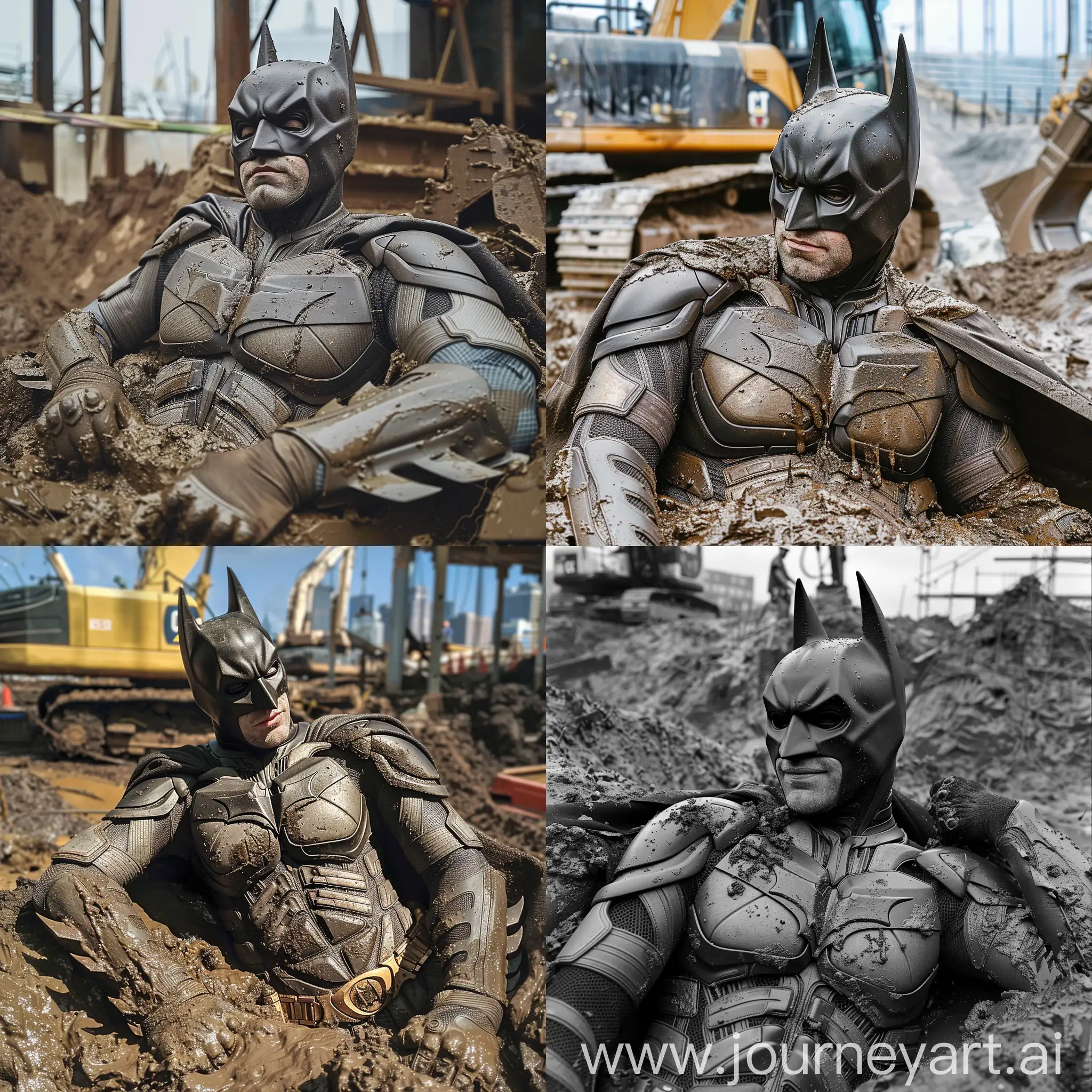 batman passed out covered in mud at a construction site