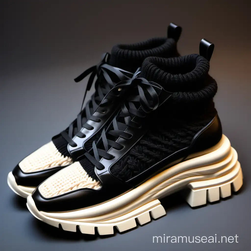 Sneakers design , inspiration by Ancient Egypt culture , big chunky rubber midsole , black midsole , chunky , trendy , color black/cream , verne black line around the top of sneakers , draw some knitted cables on sole