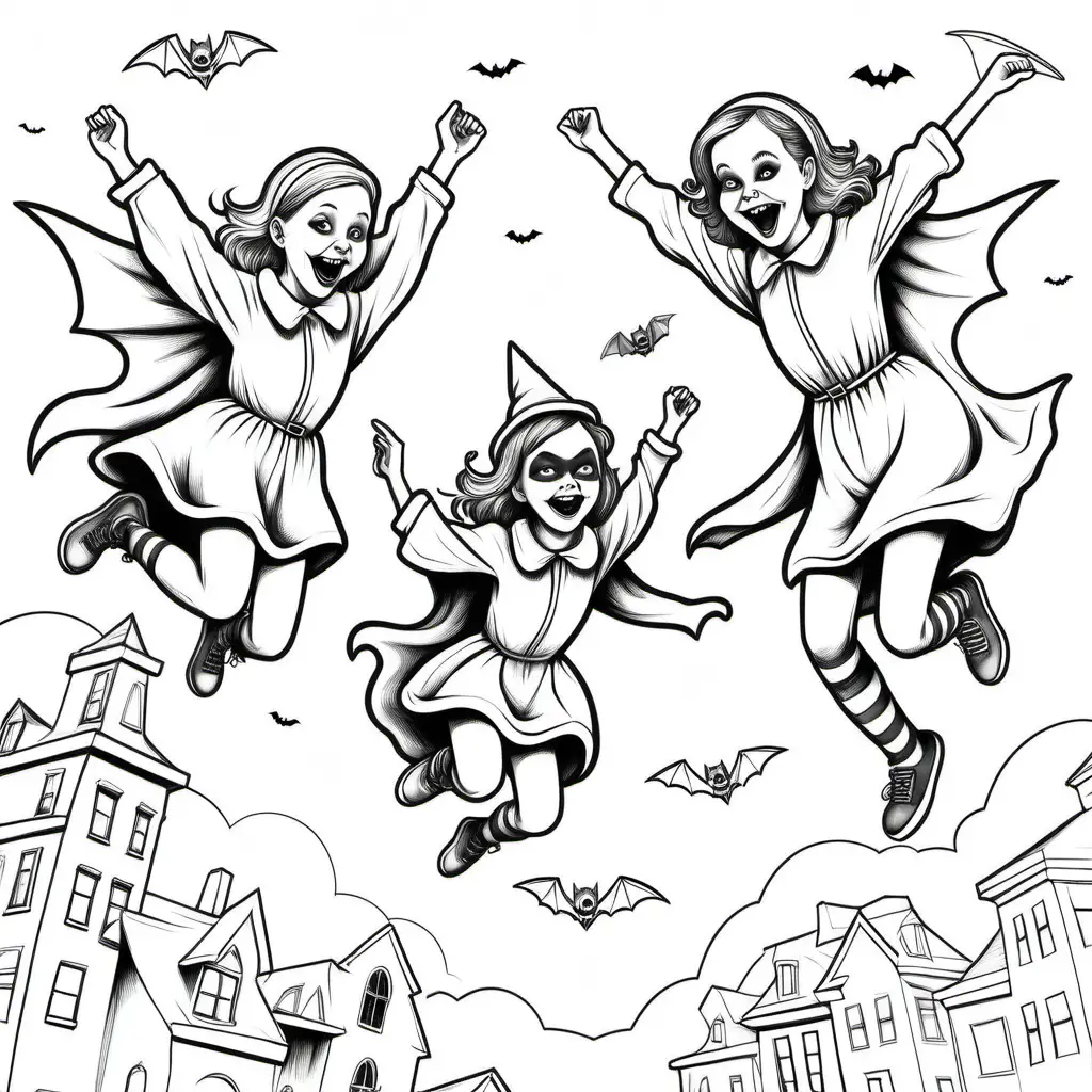 simple black and white halloween coloring book picture of real teenagers flying in halloween costumes
