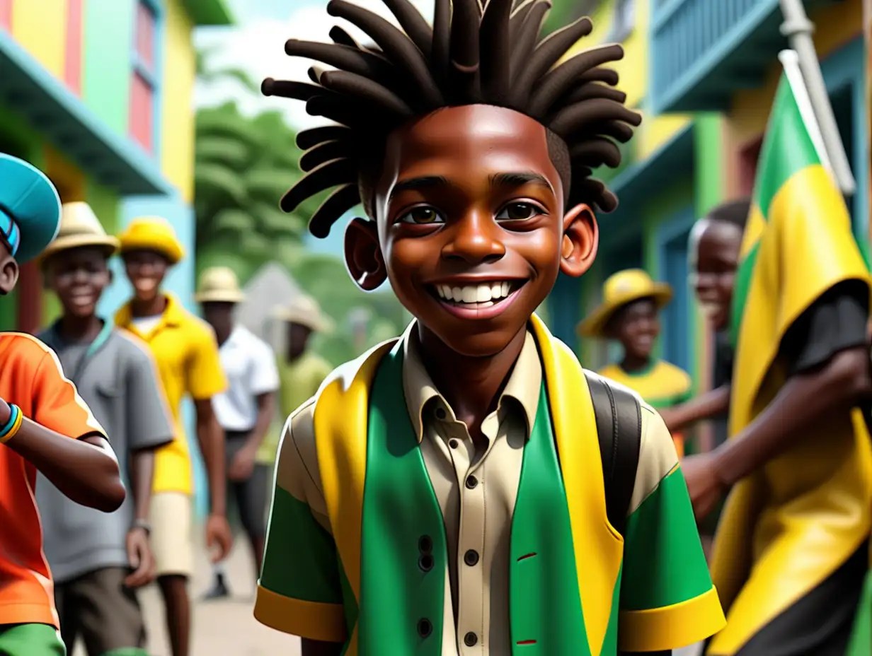 
A LinkedIn banner featuring a determined Jamaican boy amidst vibrant cultural elements, exuding resilience and joy as he actively pursues his dreams with an authentic celebration of Jamaican culture.