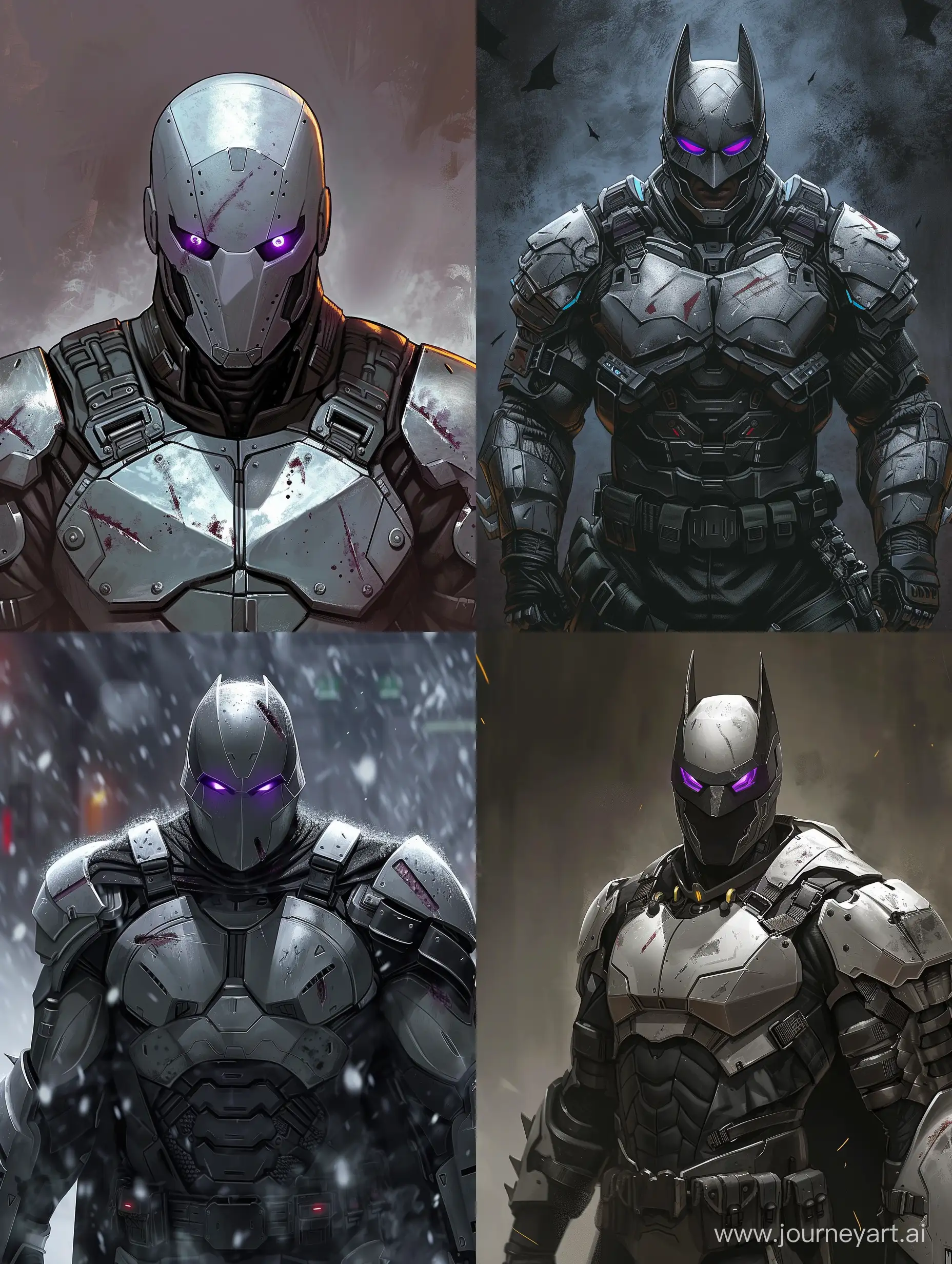 comics cover, digital epic art, shradder armor, purple eyes silver tactical suit, dark knight, marked shoulder pads