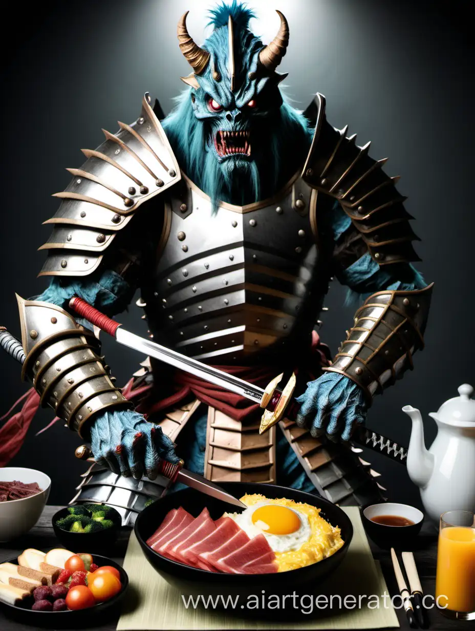 Монст в доспехах с японским мечем готовит завтрак 