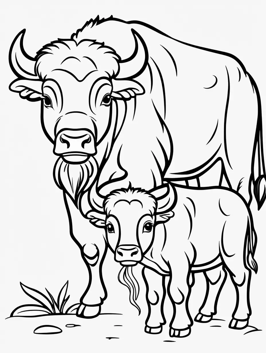 Coloring book, cartoon drawing, clean black and white, single line mom and baby buffalo


