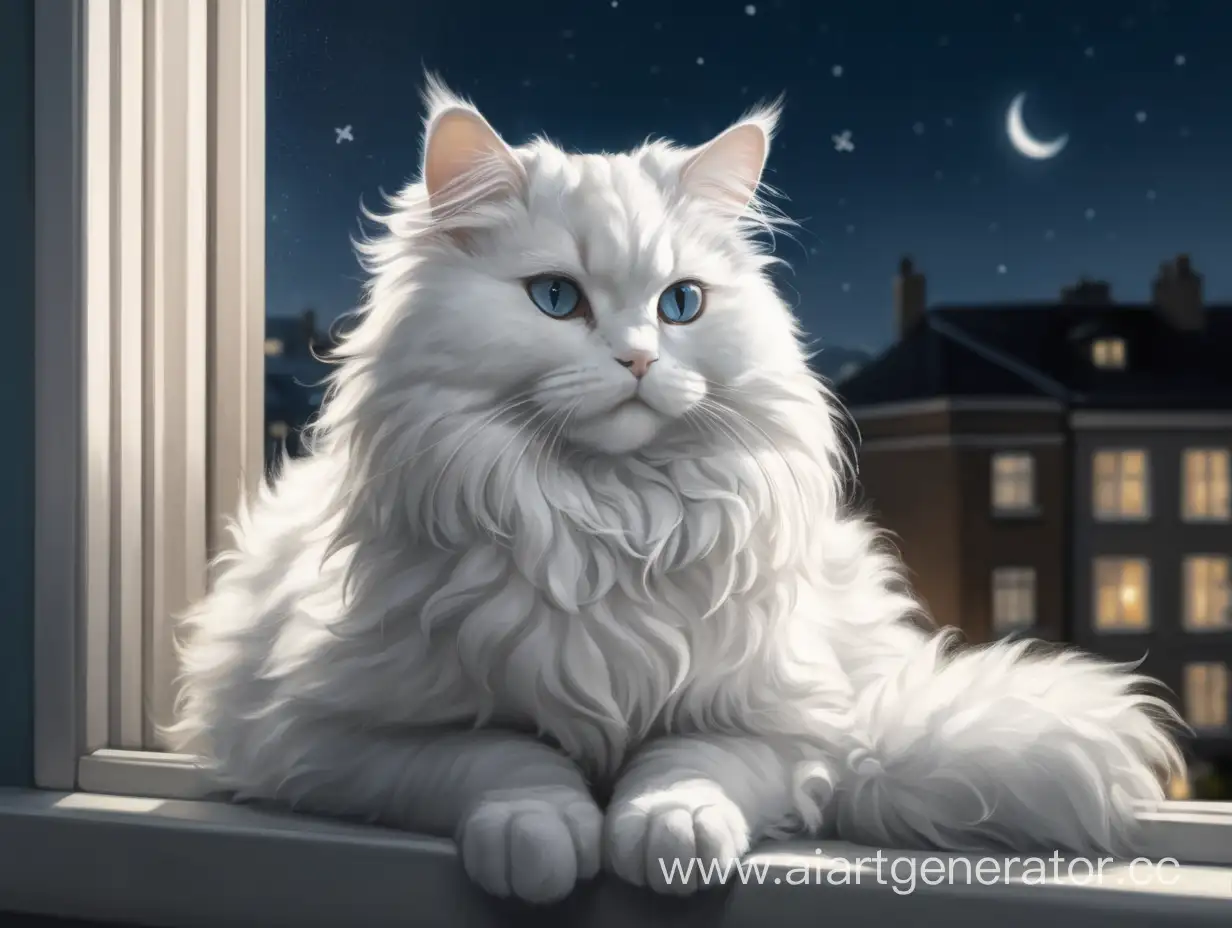 A white fluffy cat is sitting on the windowsill. He looks out the window, at night.