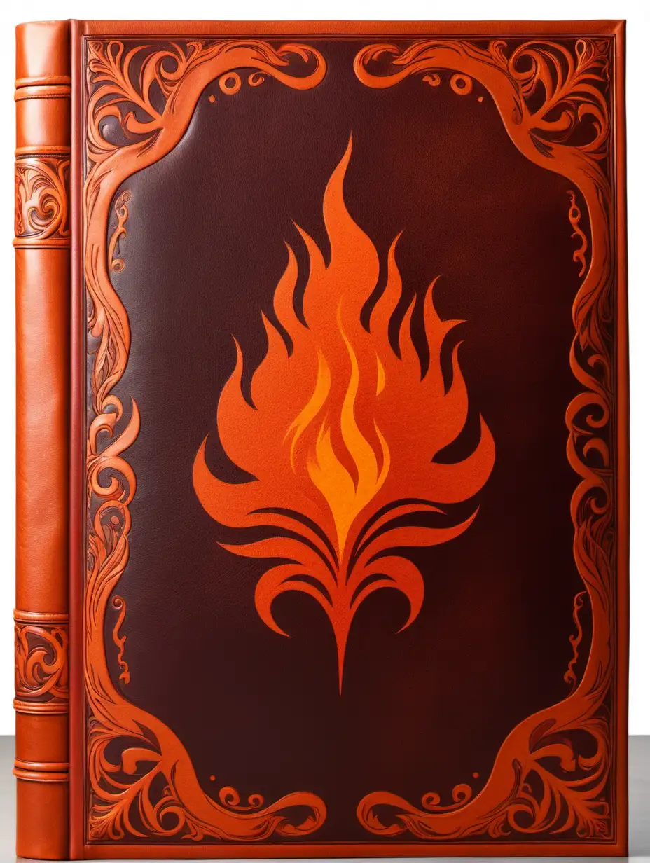 blank book cover in leather with a central negative space, having the color of fire; with an elegant, detailed, stamped border around the negative space.