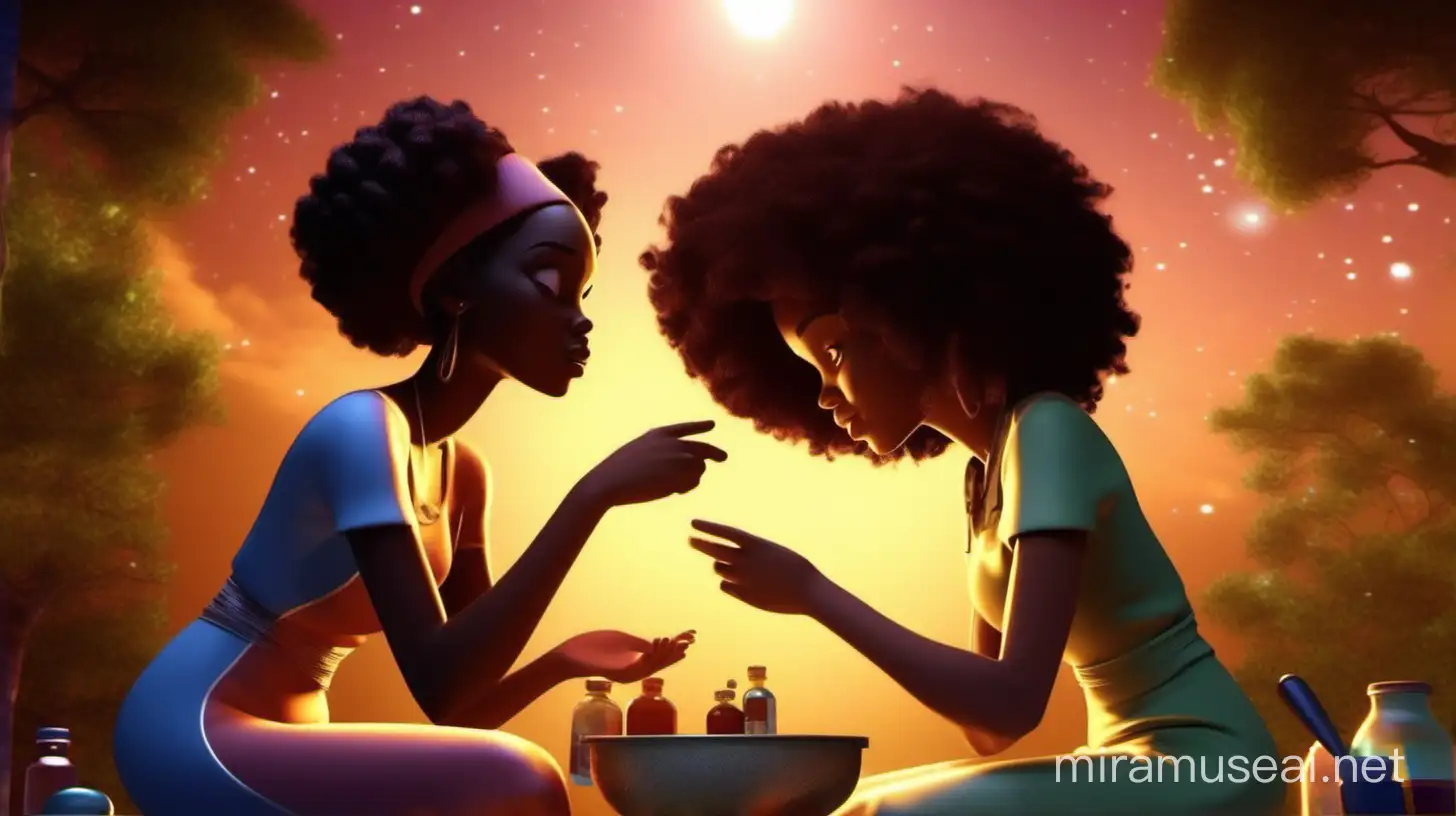 create an image reflecting a friendship between to young adult African -American women like the medicine of the earth. illumination, DIsney, Pixar style iilustration 3-D Animation, 4k