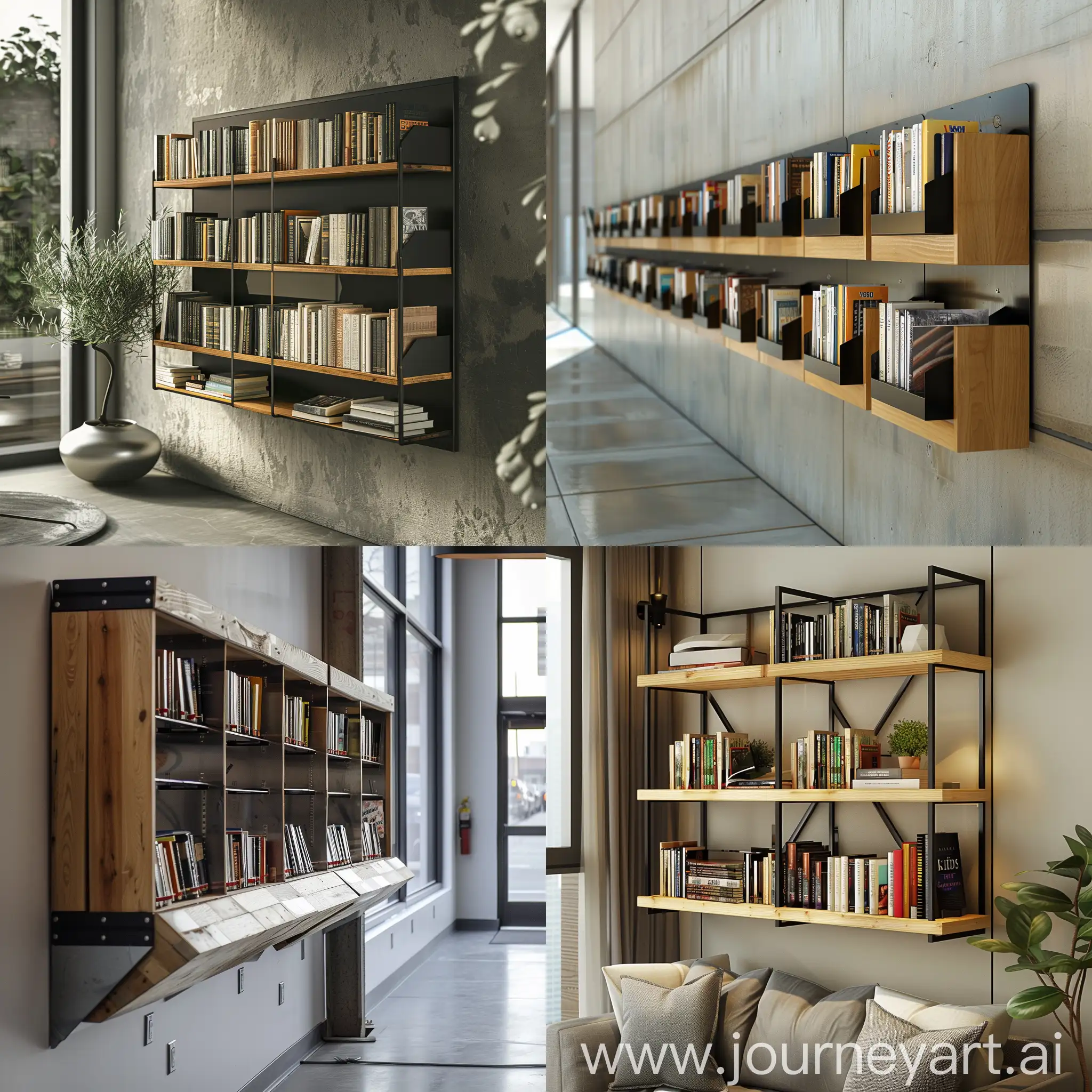 یک کتابخانه چسبیده به دیوار که فاصله داشته باشه از زمین با چوب و فلز خلاقانه باشه
