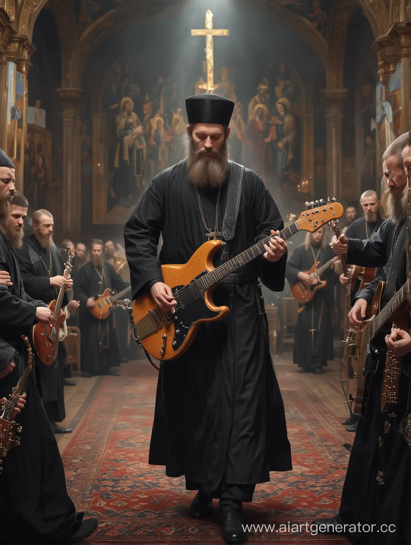 Orthodox monks rock concert in Russian orthodox church, electric rock-guitar in hands. Russian Orthodox Church. High Detail. Ultra realism.