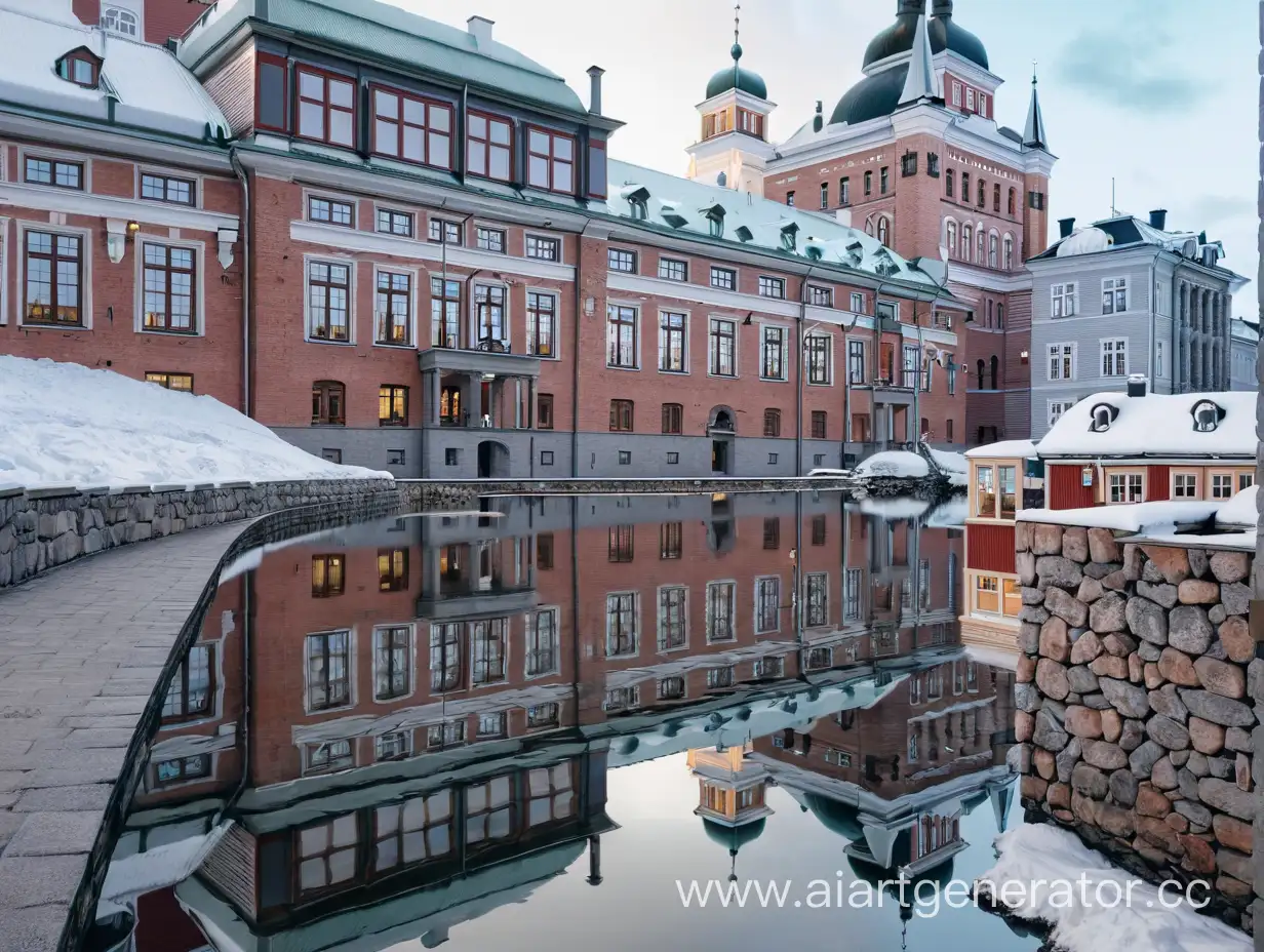 Измени здание на переднем плане, сделав его в финском архитектурном стиле