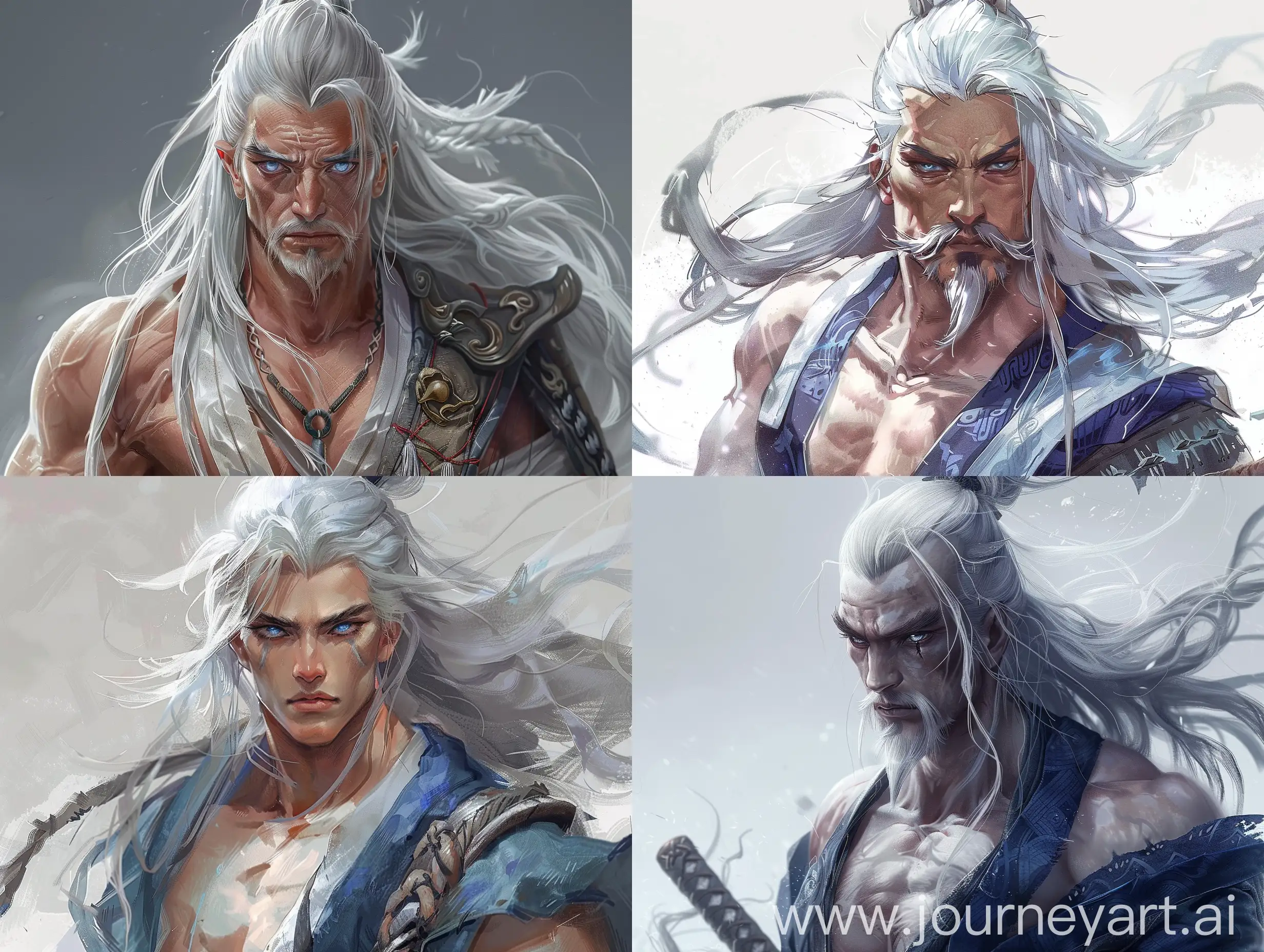 Thirty-nine years old, Asian-looking, hairless, moustache-less man. He has long grey hair. Some of his hair is tied back. He has white skin and crystal blue, ice grey eyes. He's also wearing a samurai outfit. He's muscular and well-built.