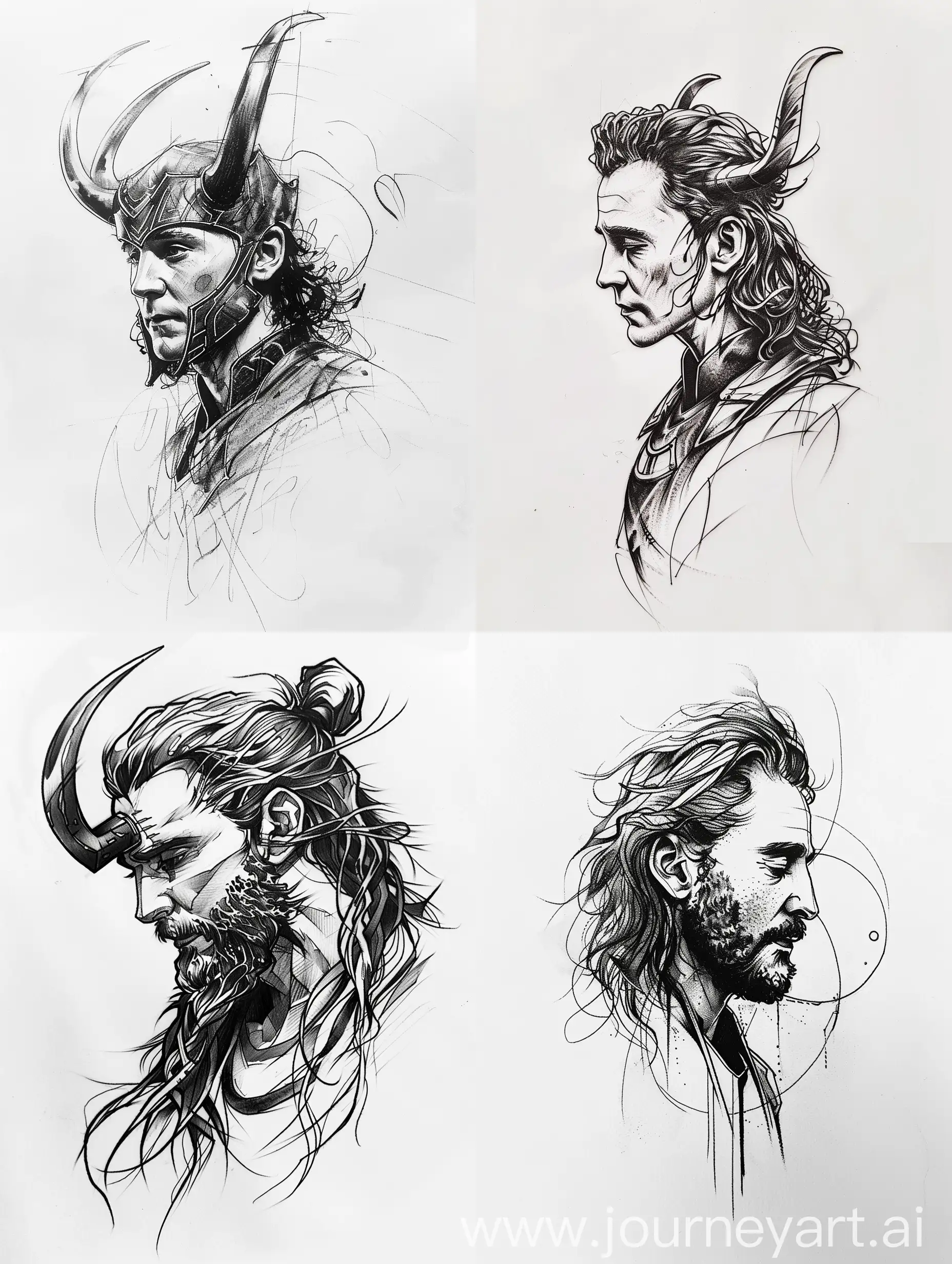 minimalist tattoo design sketch of Loki, on a white background