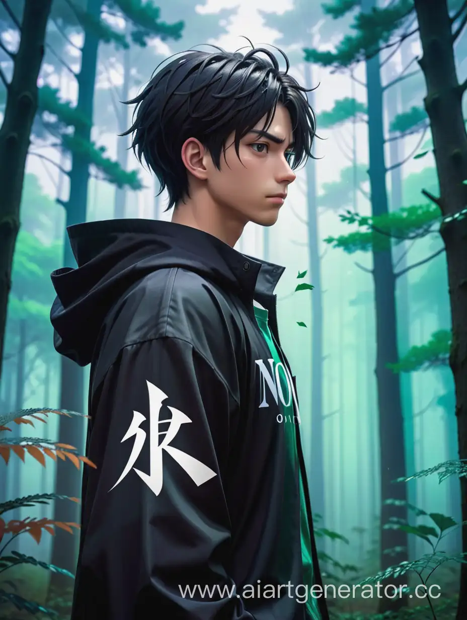 Мужской аниме персонаж на фоне мрачного леса  с надписью логотипа NOBODY