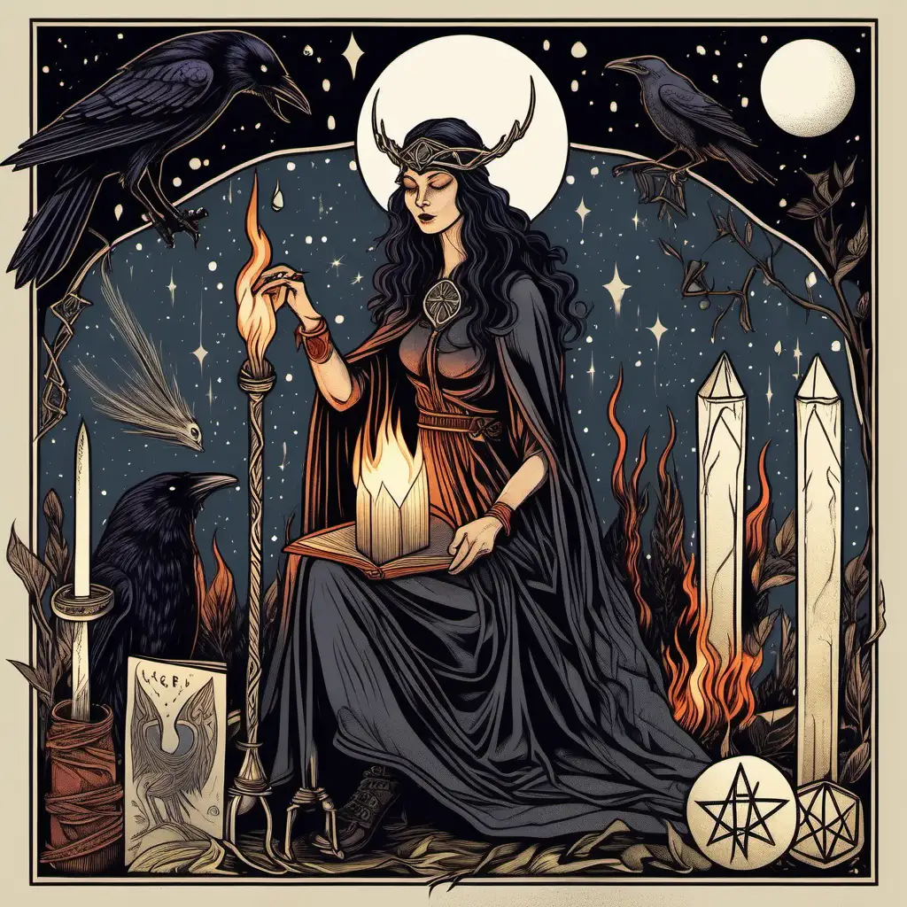 a Norse pagan woman , tarot cards, a crystal  wand, a fire, a raven, a moonlit night