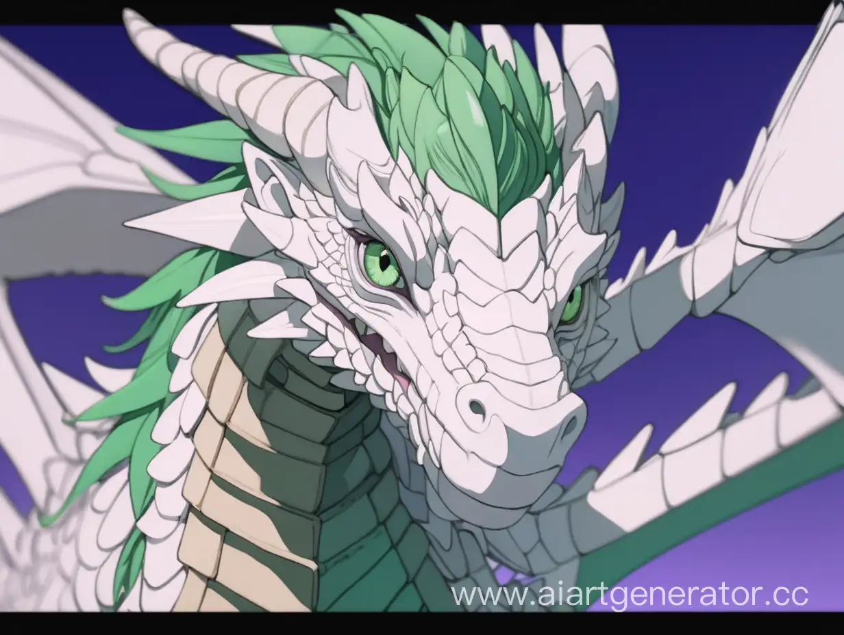 Белый дракон с зелёными глазами в палёте,в стили аниме "Вайолет Эвергарден"  