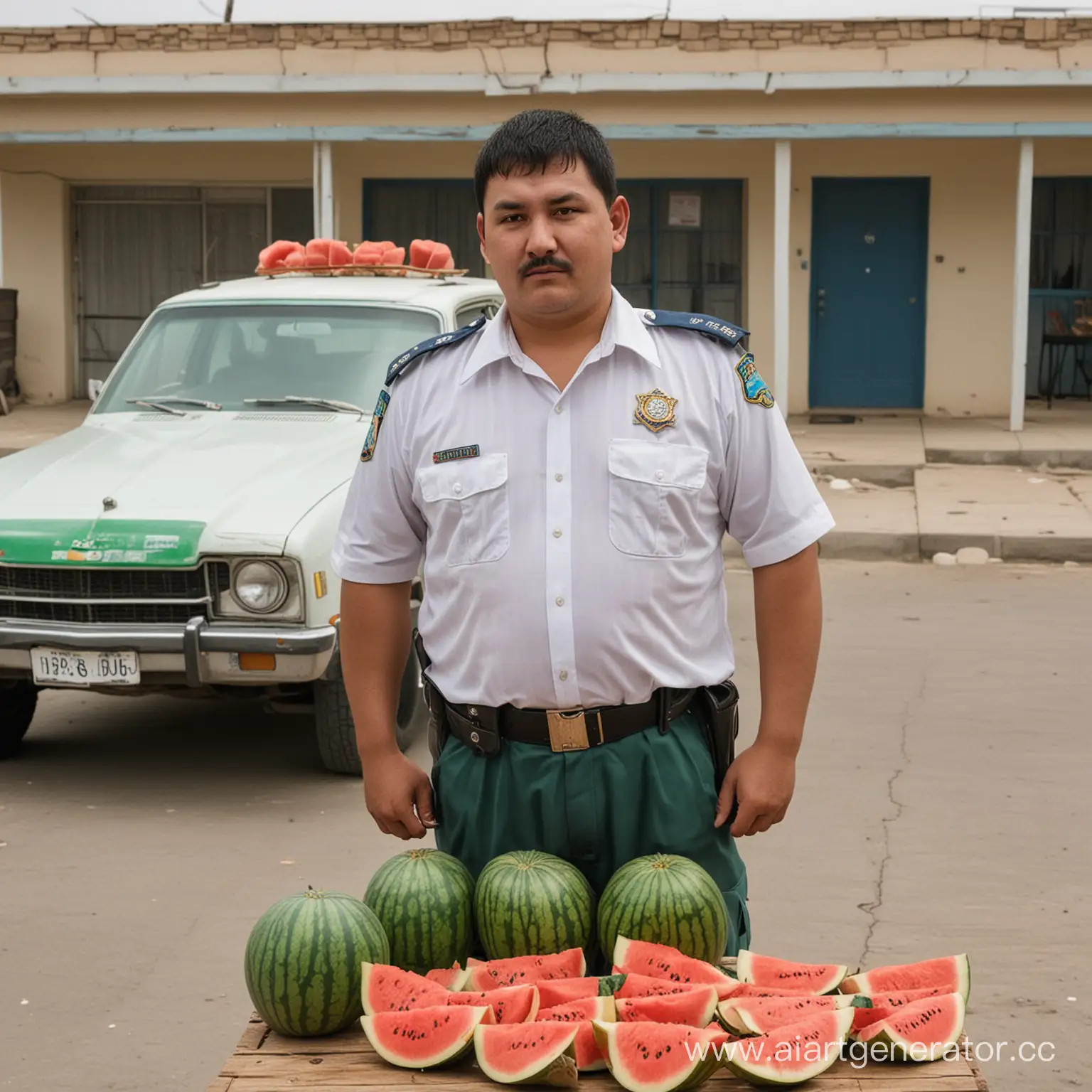 Uzbek-Watermelon-Vendor-by-Police-Department-with-Thunder-Sign-and-White-Chevrolet