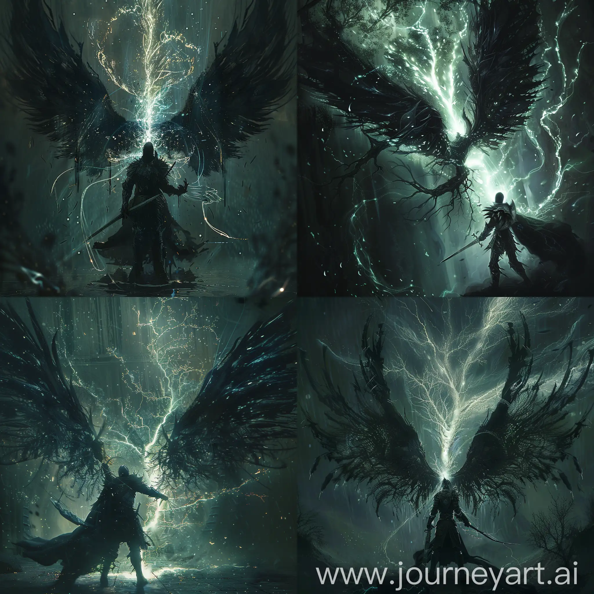 a dark, mystical scene featuring a figure in black armor, holding a sword, surrounded by an ethereal glow, with large, dark wings spread out, infused with an otherworldly energy that forms a luminous pattern resembling both wings and a tree, set against a dark and indistinct background.
https://www.bing.com/images/blob?bcid=RDoN-eiuyskGN245EViCQejR-LBt.....6g