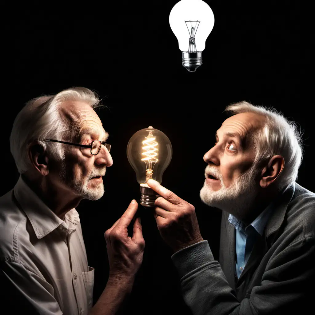 2 People. One old man and one younger man. Both looking up at a light bulb. looking as if they are thinking 