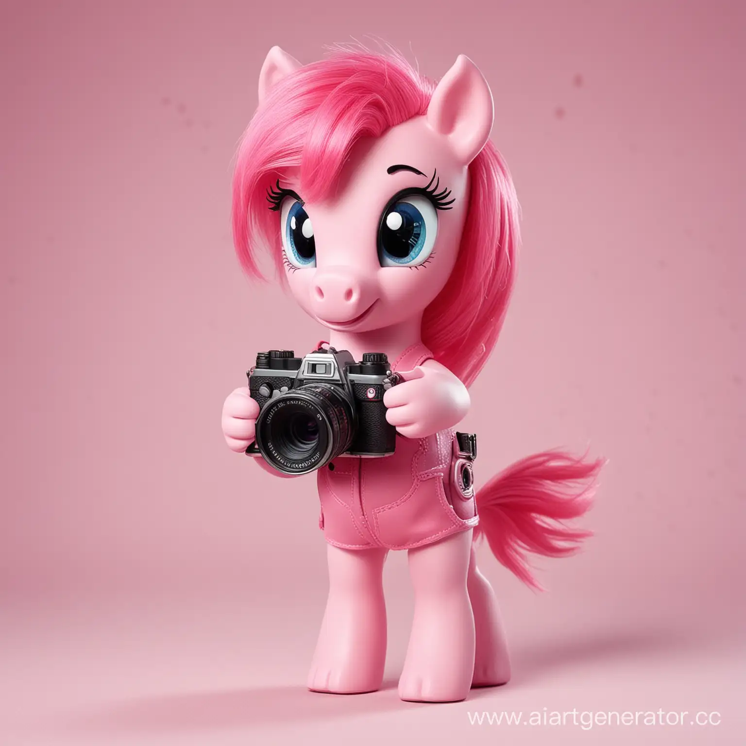 розове маленькое пони держит фотоаппарат