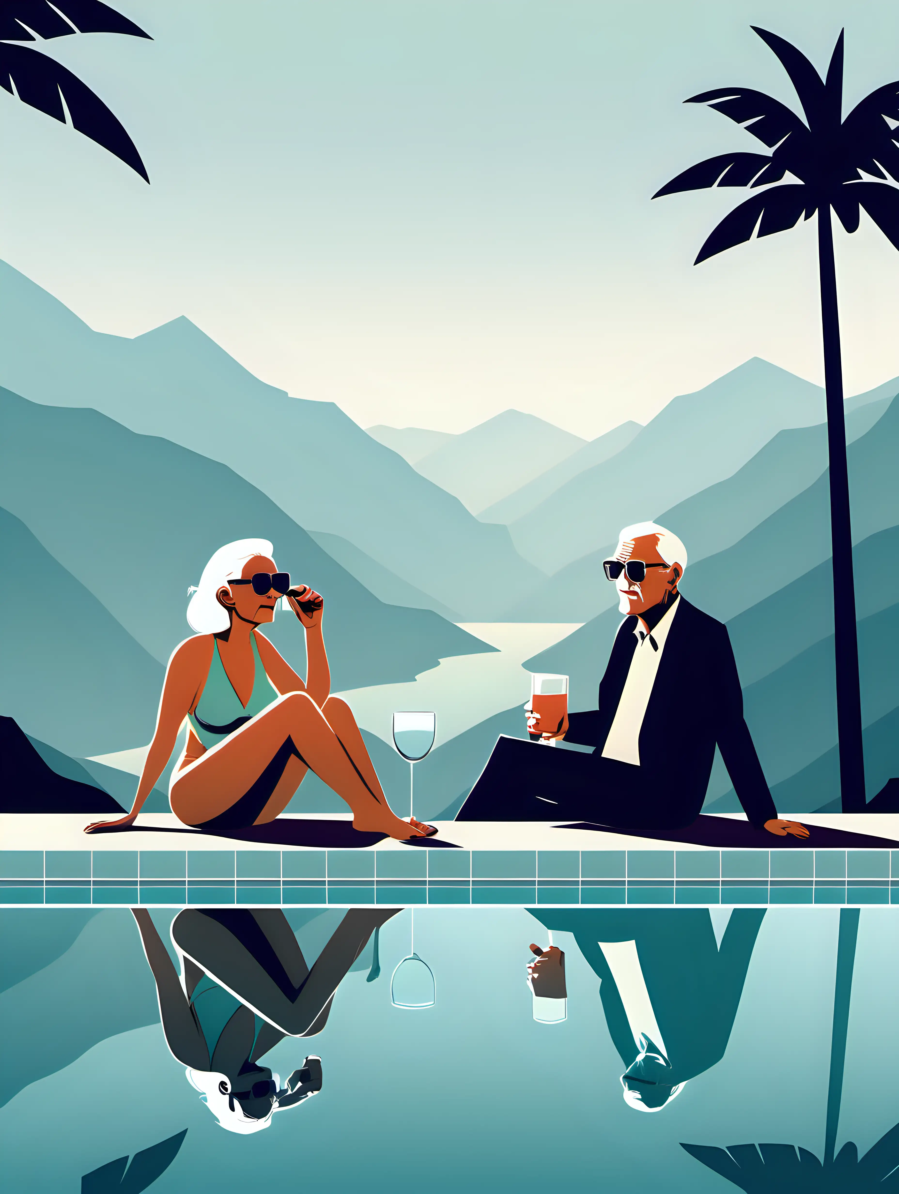 vector Illustration of sunglasses and a glass by a pool and an older couple sitting on the pool, very cool, muted color, tropical mountains behind
