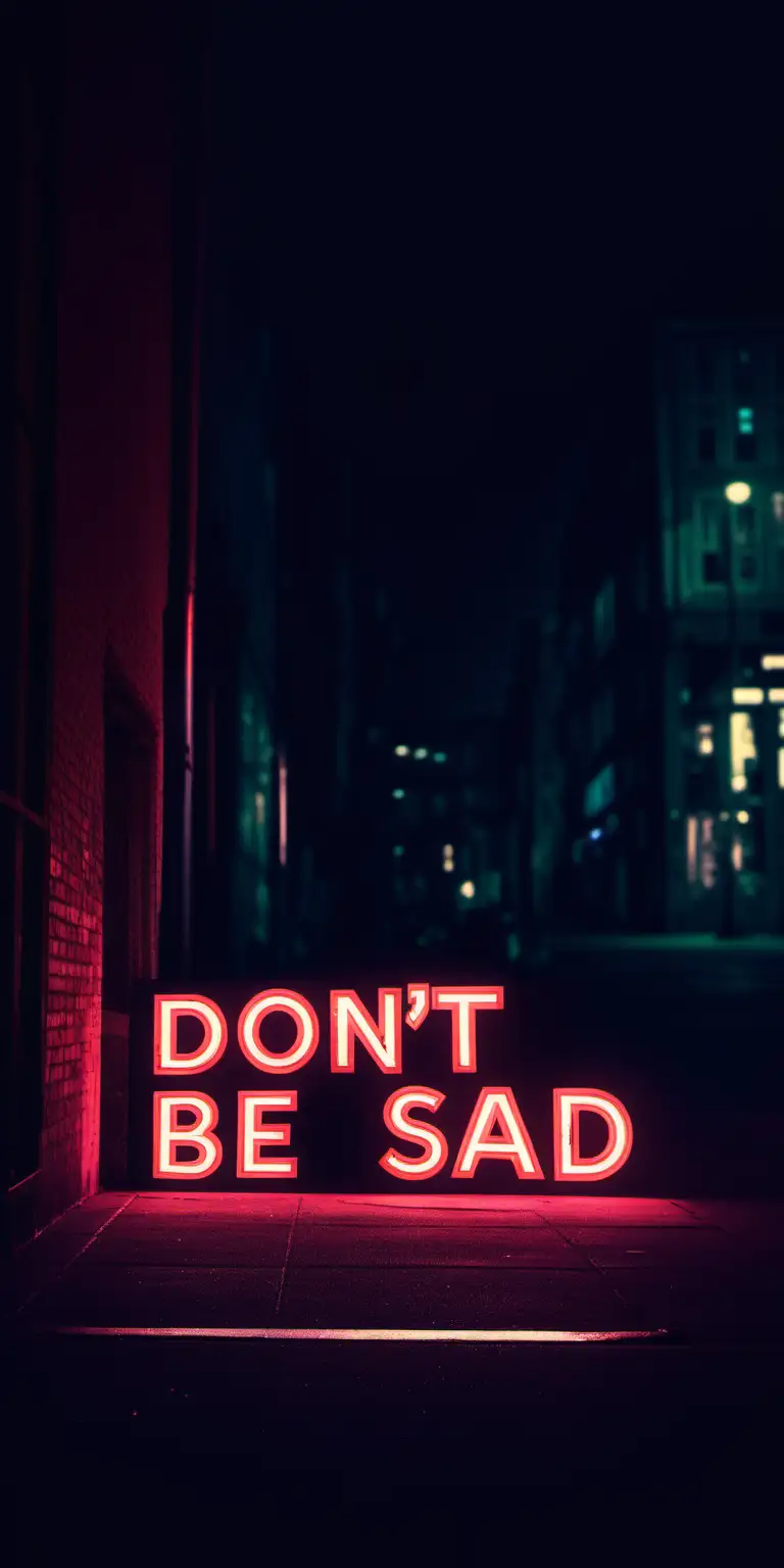 “Don’t Be Sad” written in neon letters in city lights at night, ambient image, professional photography style 