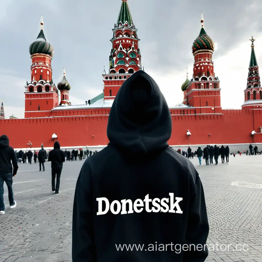 Подросток который стоит на красной площади в Москве повернутый спиной в камеру одетый в чёрную кофту с капюшоном на голове и на спине у него надписью -Донецк ❤️