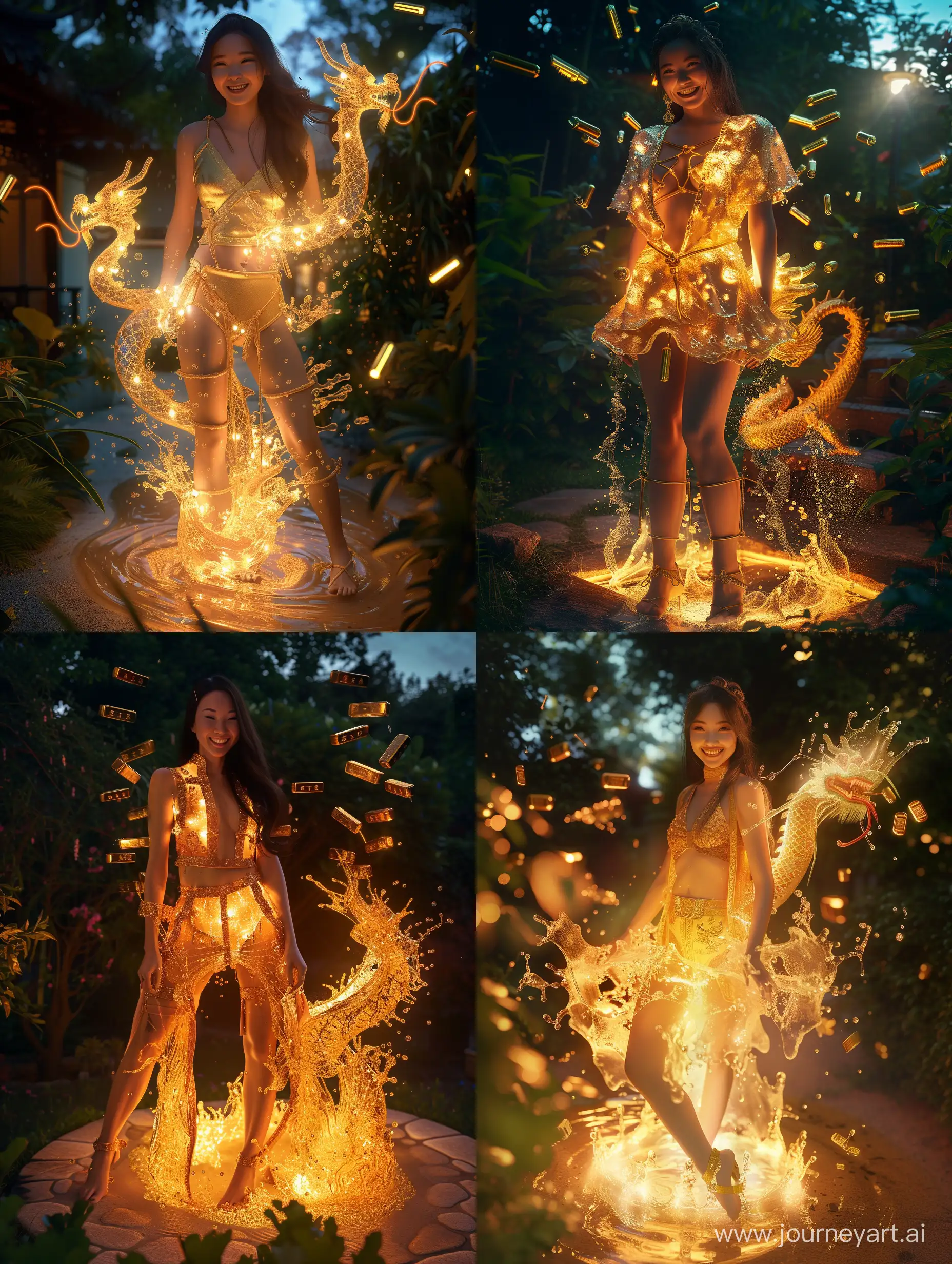 Glowing-Golden-Chinese-Dragon-Emerges-from-Womans-Transformed-Attire-in-Night-Garden