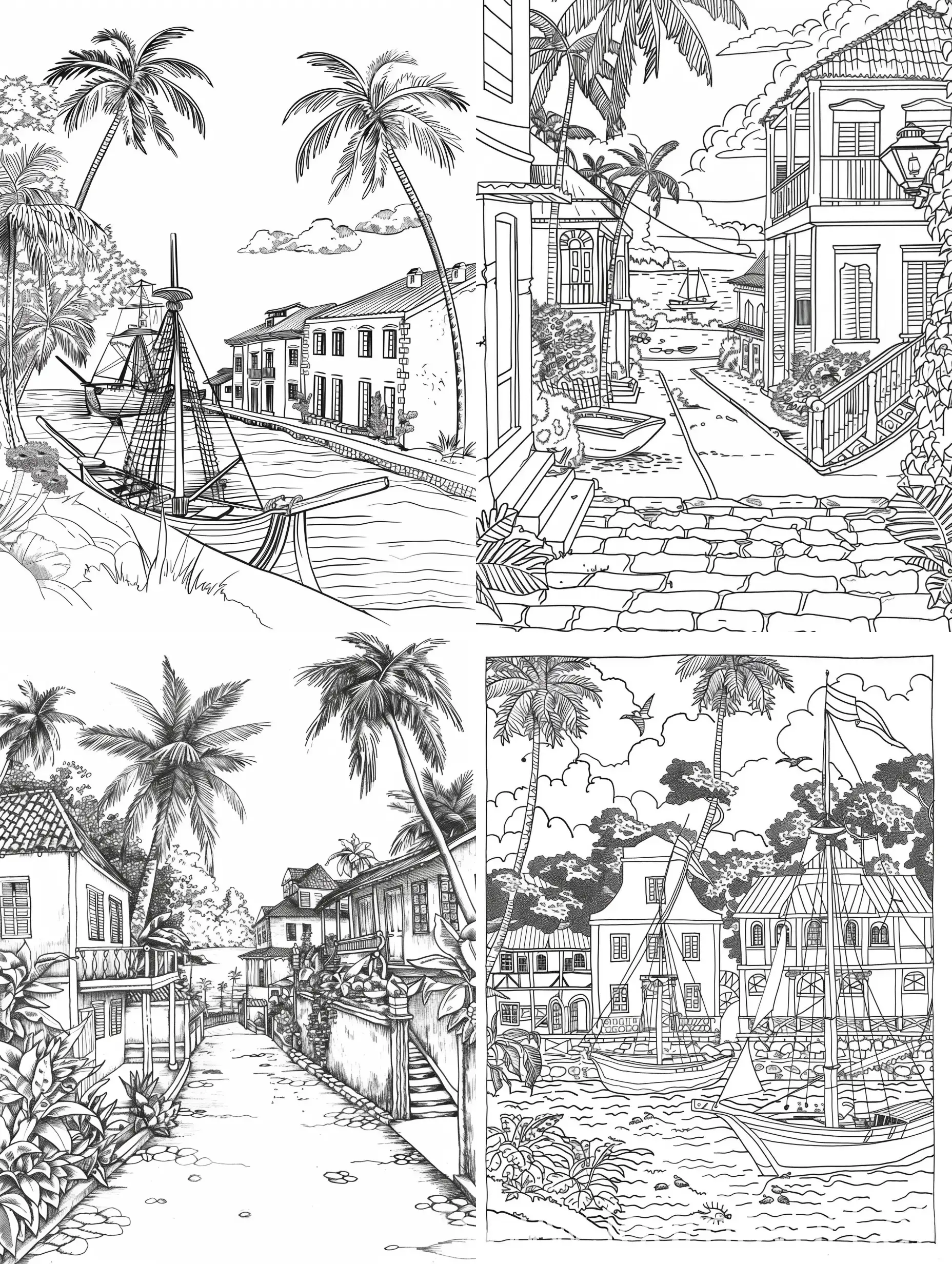 coloring book page, Colonial-Era Caribbean Port Town , Black and white, white background