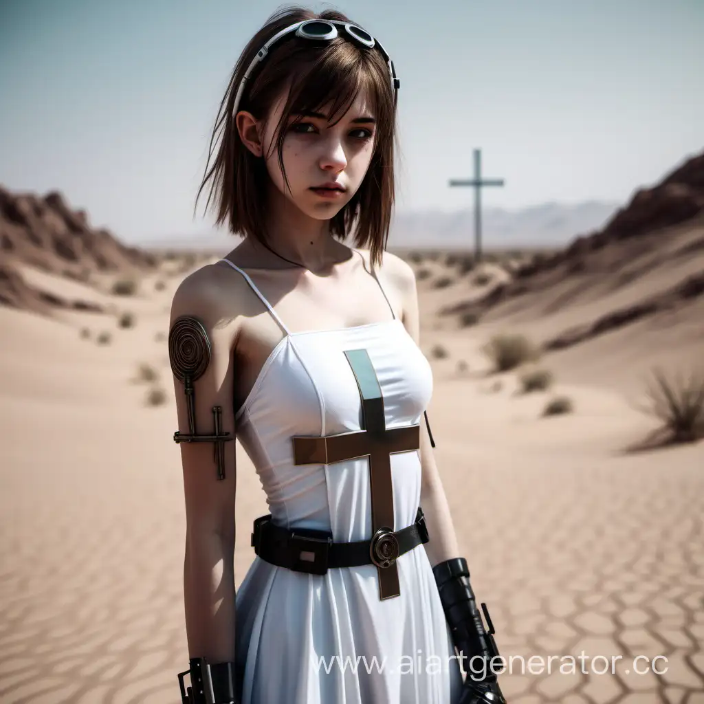 девочка, 16 лет, киберпанк, верующая, маленький размер груди, русые волосы, крестик, белое платье, религия. пустыня
