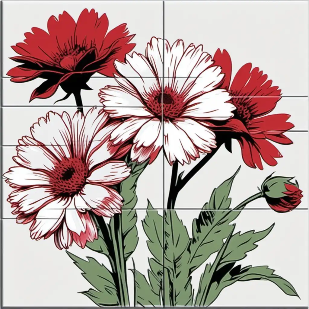 /imagine prompt pastel watercolor Winky Double Red-White flowers,  large bouquets, bushy habit with sturdy stems, carrying crimson and white variegated blossoms washed out color, clipart on a white background andy warhol inspired --tile