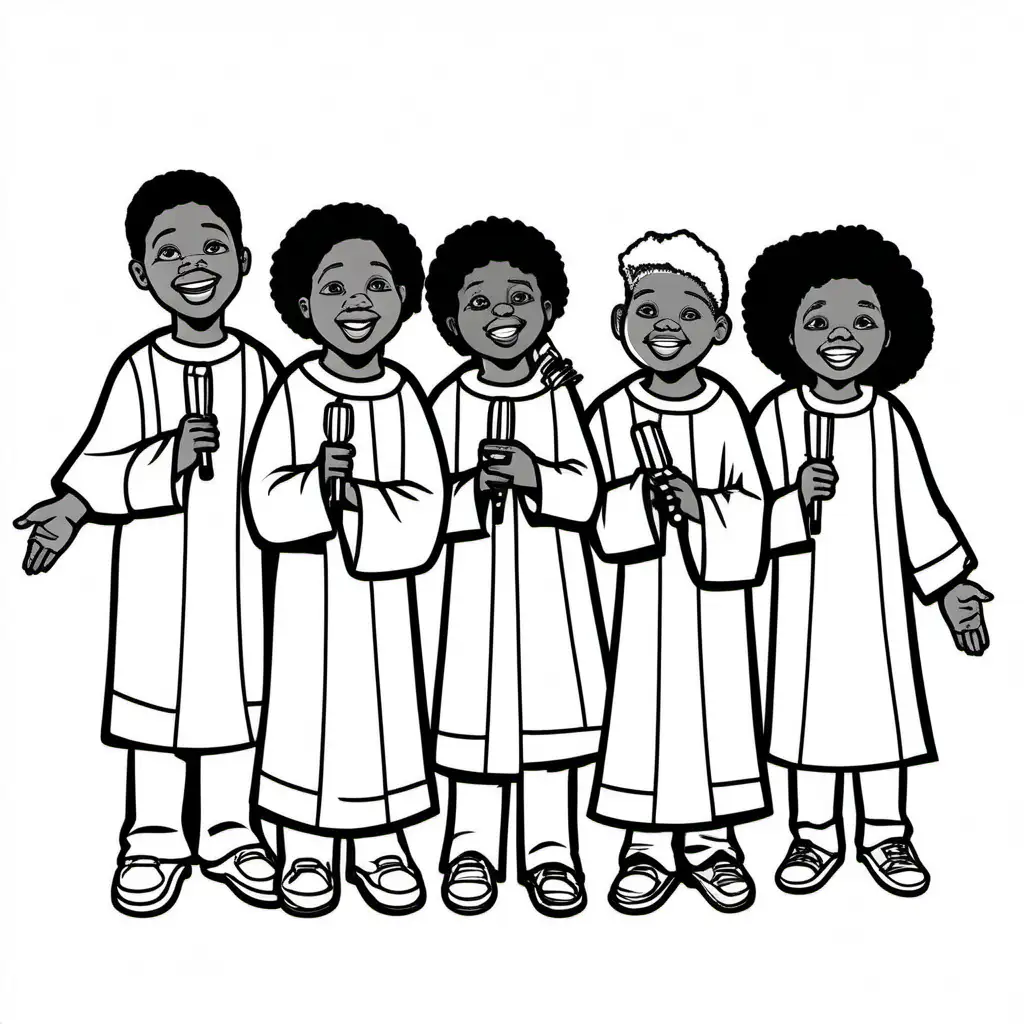 Five gospel choir singers
, Coloring Page, black and white, line art, white background, Simplicity, Ample White Space. The background of the coloring page is plain white to make it easy for young children to color within the lines. The outlines of all the subjects are easy to distinguish, making it simple for kids to color without too much difficulty