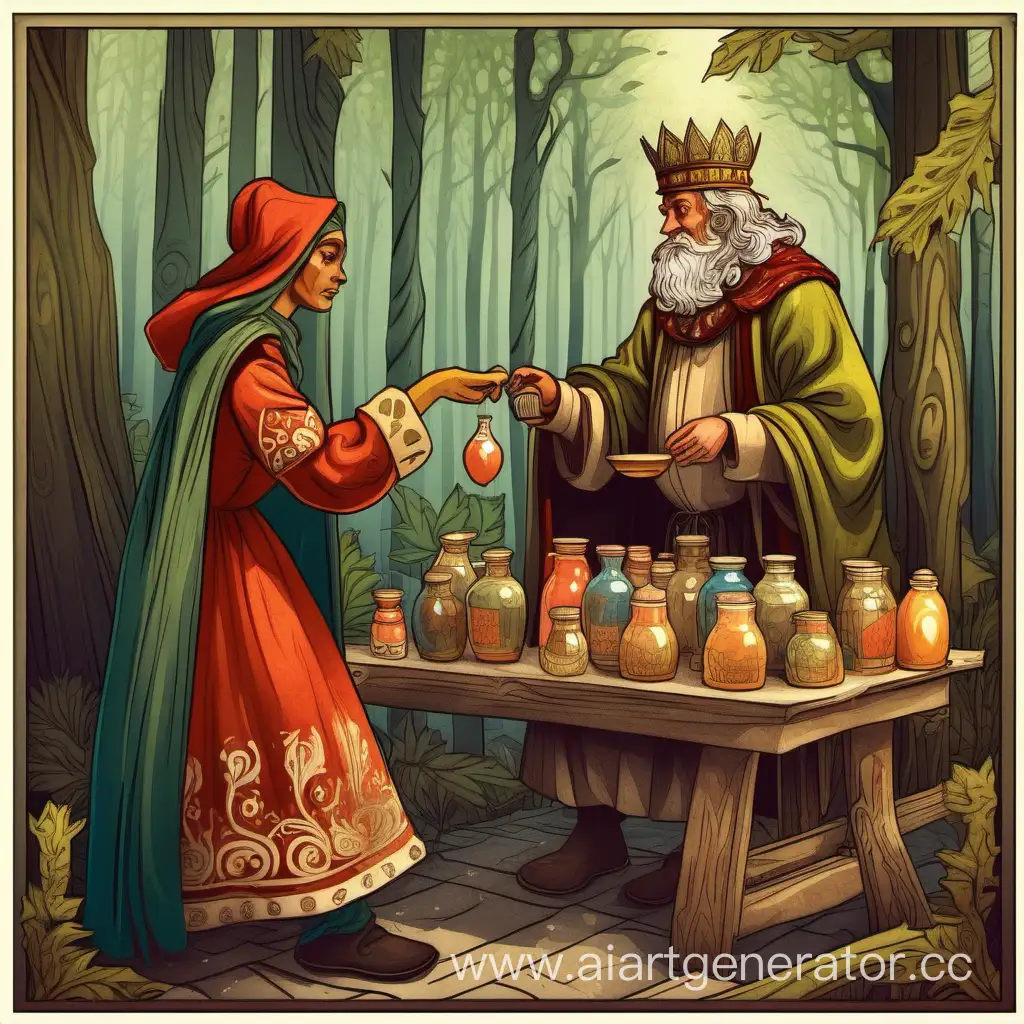 царь покупает зелье у лесной женщинына рынке. арт в русском стиле