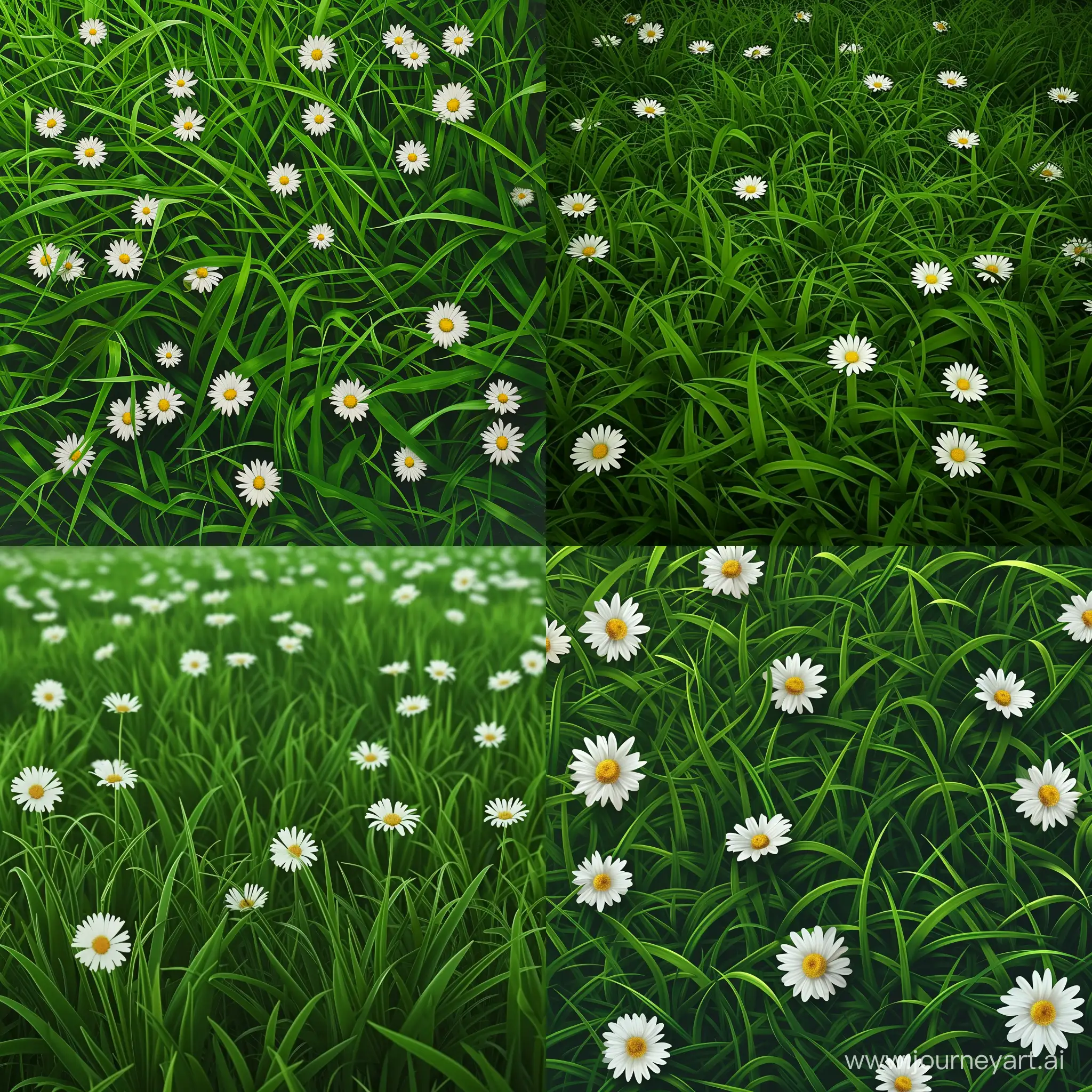 a realistic image of a field of green grass with white daisies scattered throughout the field