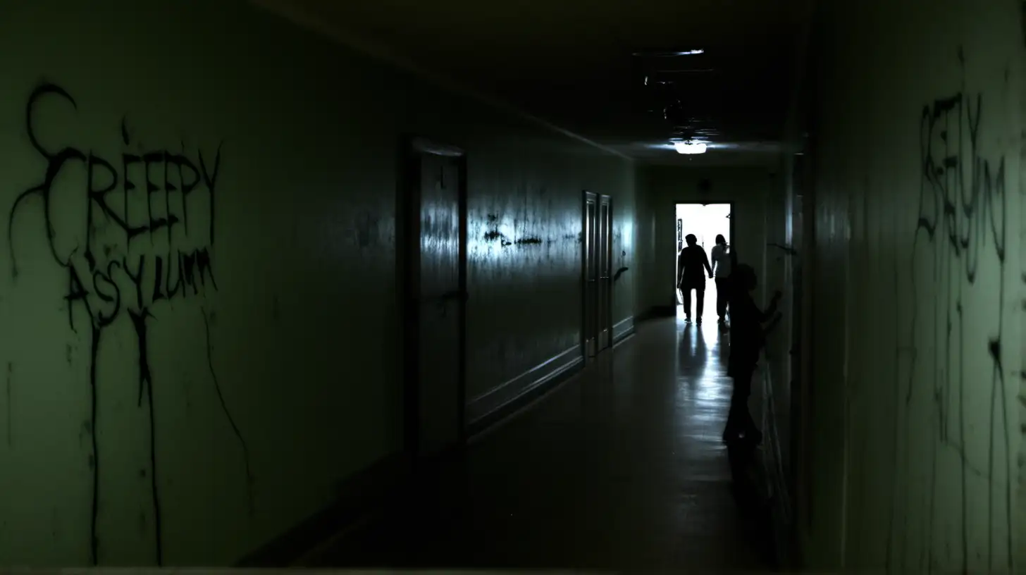 show 4 people walking around and entering a creepy insane asylum