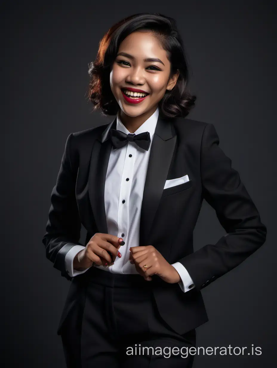 A portrait of a smiling and laughing Indonesian woman with dark skin, shoulder length hair, and lipstick. She is wearing a tuxedo with a black jacket and black pants. Her shirt is white with a wing collar. Her shirt cuffs have cufflinks. Her bowtie is black.