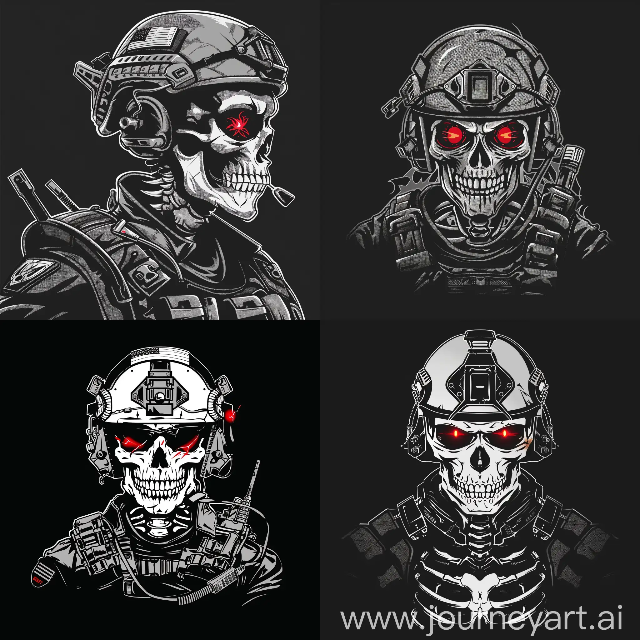 5 undead soldier look like a skeleton with modern military equipment, logo, burning red eyes, modern military helmet, black and white, black background