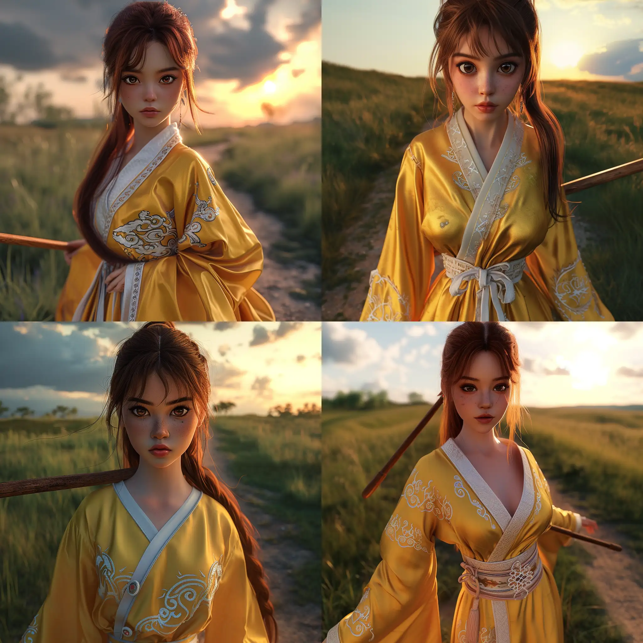 Gorgeous-Asian-Warrior-Woman-in-Silky-Yellow-Robe-Under-Noon-Sky